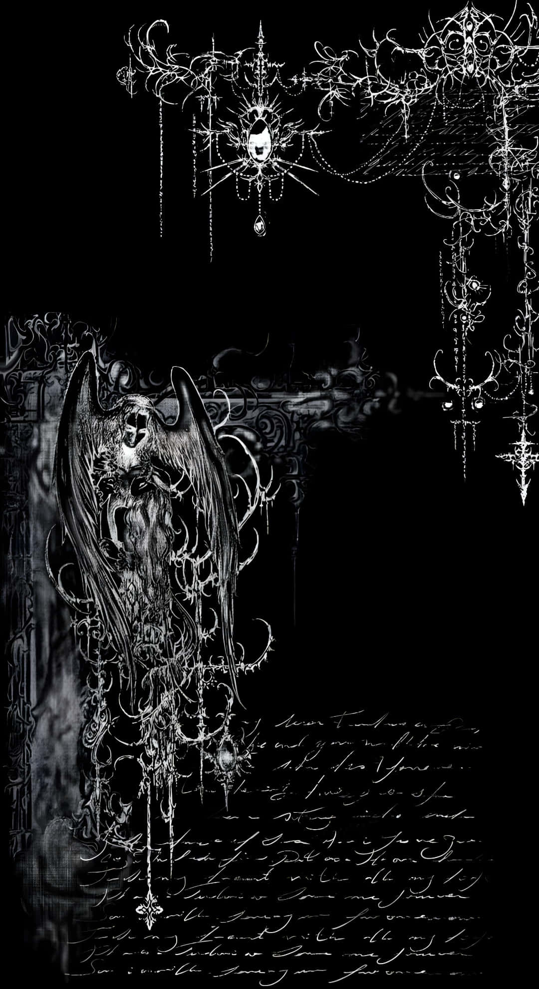 skeletal angel, ornate chandeliers, swirling script, Full HD Phone Wallpaper