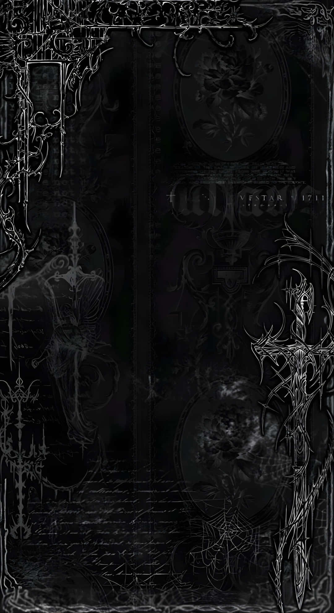Dark Grunge Goth Frame, silver filigree borders, faded floral motifs, Full HD Phone Wallpaper