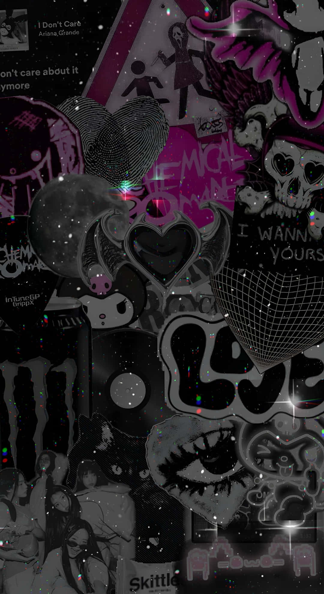 Grunge Goth Wall Collage, glittery purple hearts, skulls, Full HD Phone Wallpaper