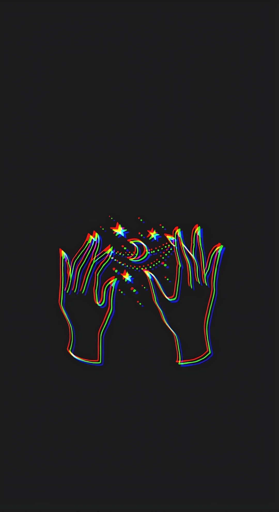rainbow chromatic aberration, crescent moon, sparkling stars, Full HD Phone Wallpaper