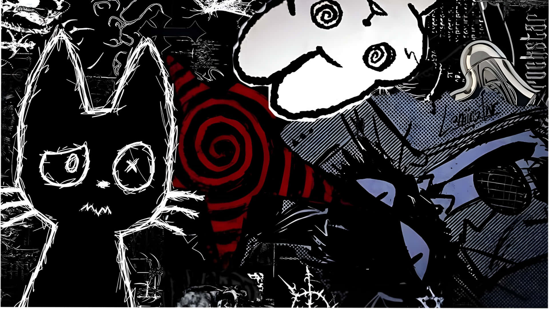 Grunge Goth Dark Art, white outlined cat, red spiral, Full HD Desktop Wallpaper