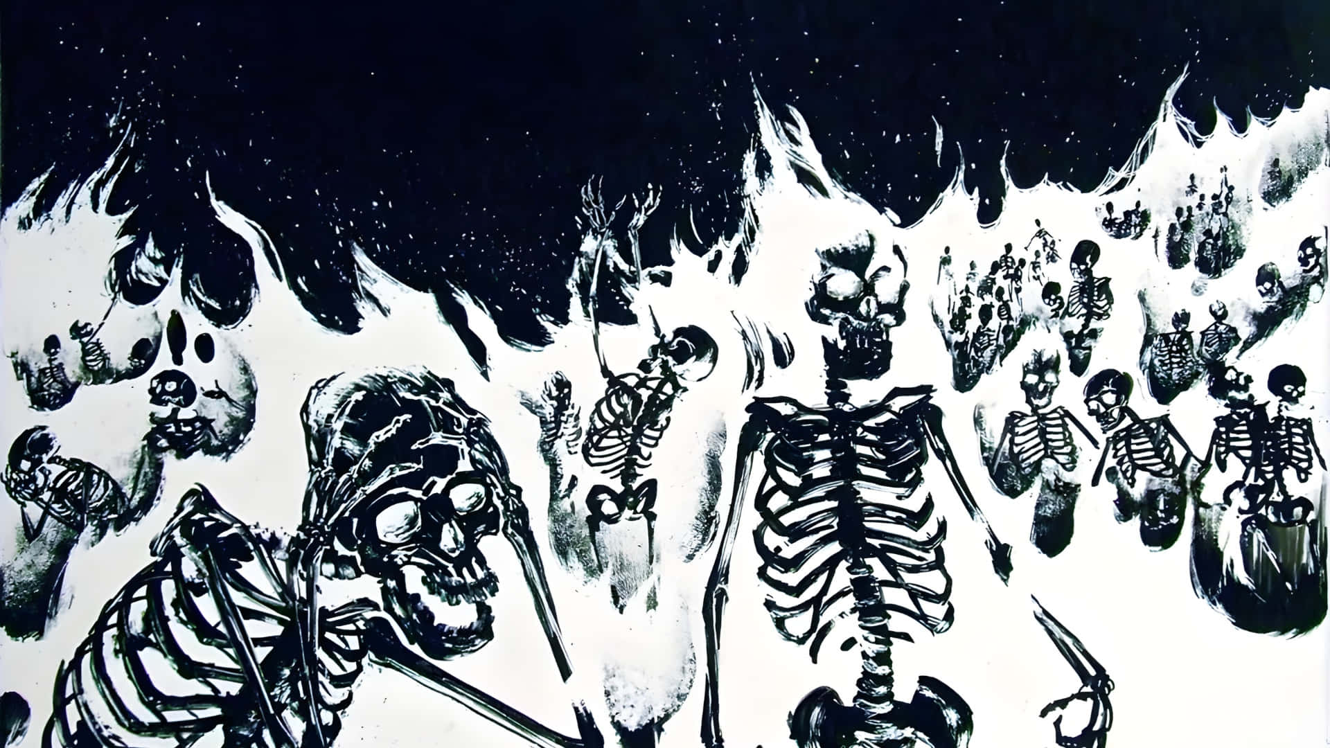 Grunge Goth, skeleton flames, black and white illustration, Full HD Desktop Wallpaper