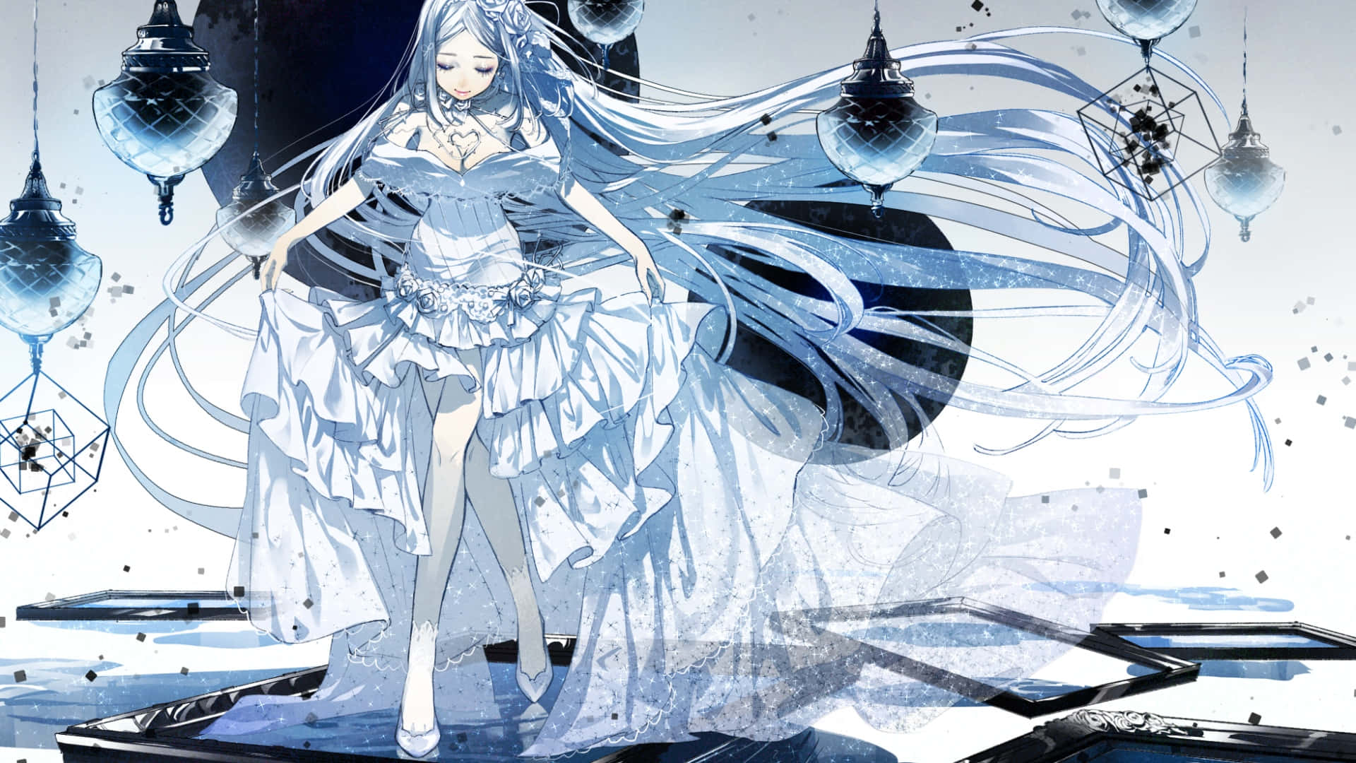 ethereal goth anime girl, blue hair, layered white dress, Full HD Desktop Wallpaper
