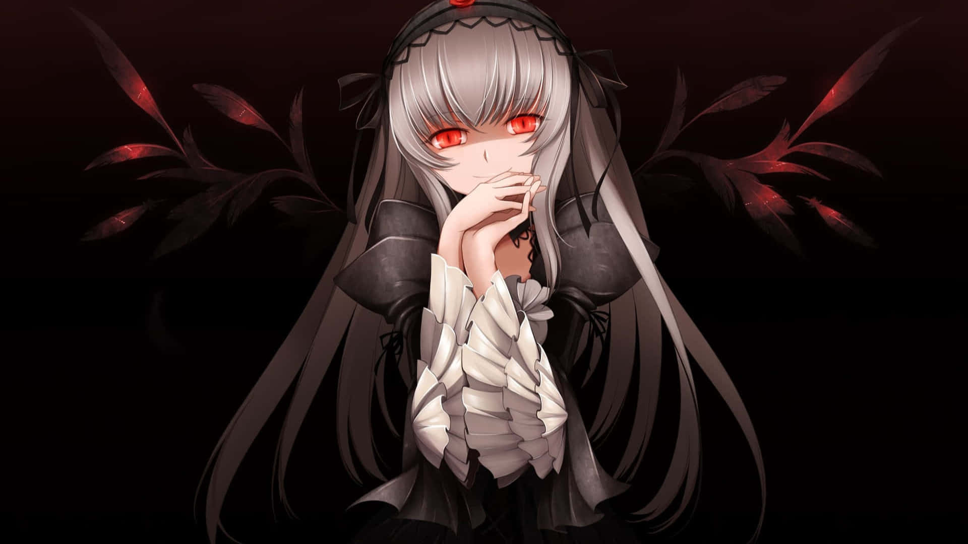 Goth Anime Girl, red eyes, silver hair, Full HD Desktop Wallpaper