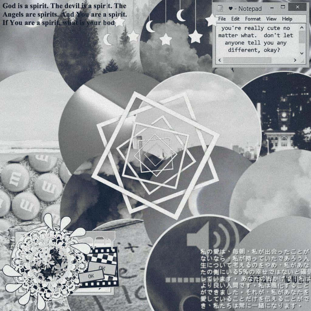 dark grey aesthetic, surreal black and white collage, overlapping circular frames, SD Desktop Wallpaper