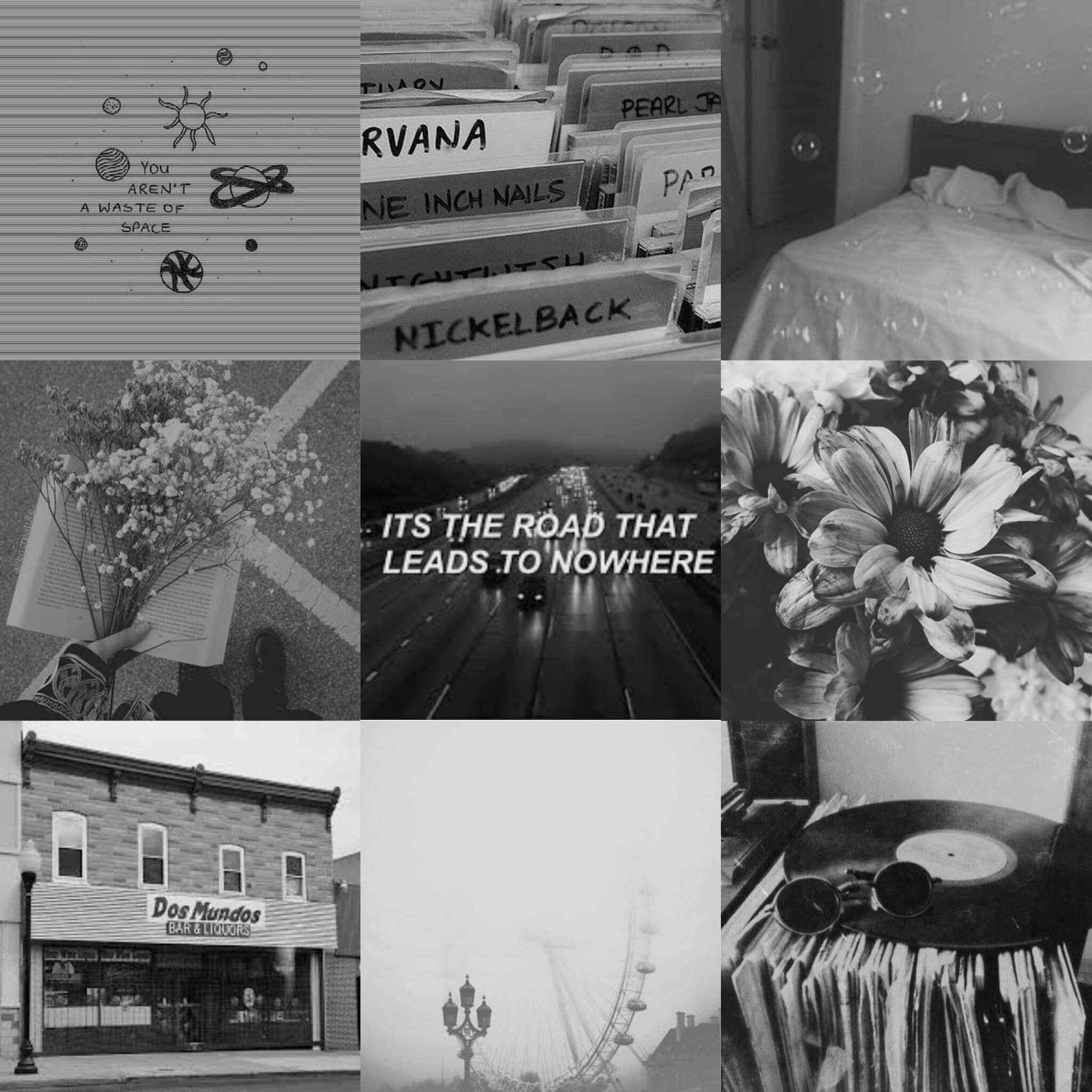Grunge Grey Aesthetic, black and white collage, nine nostalgic scenes, Full HD Desktop Wallpaper