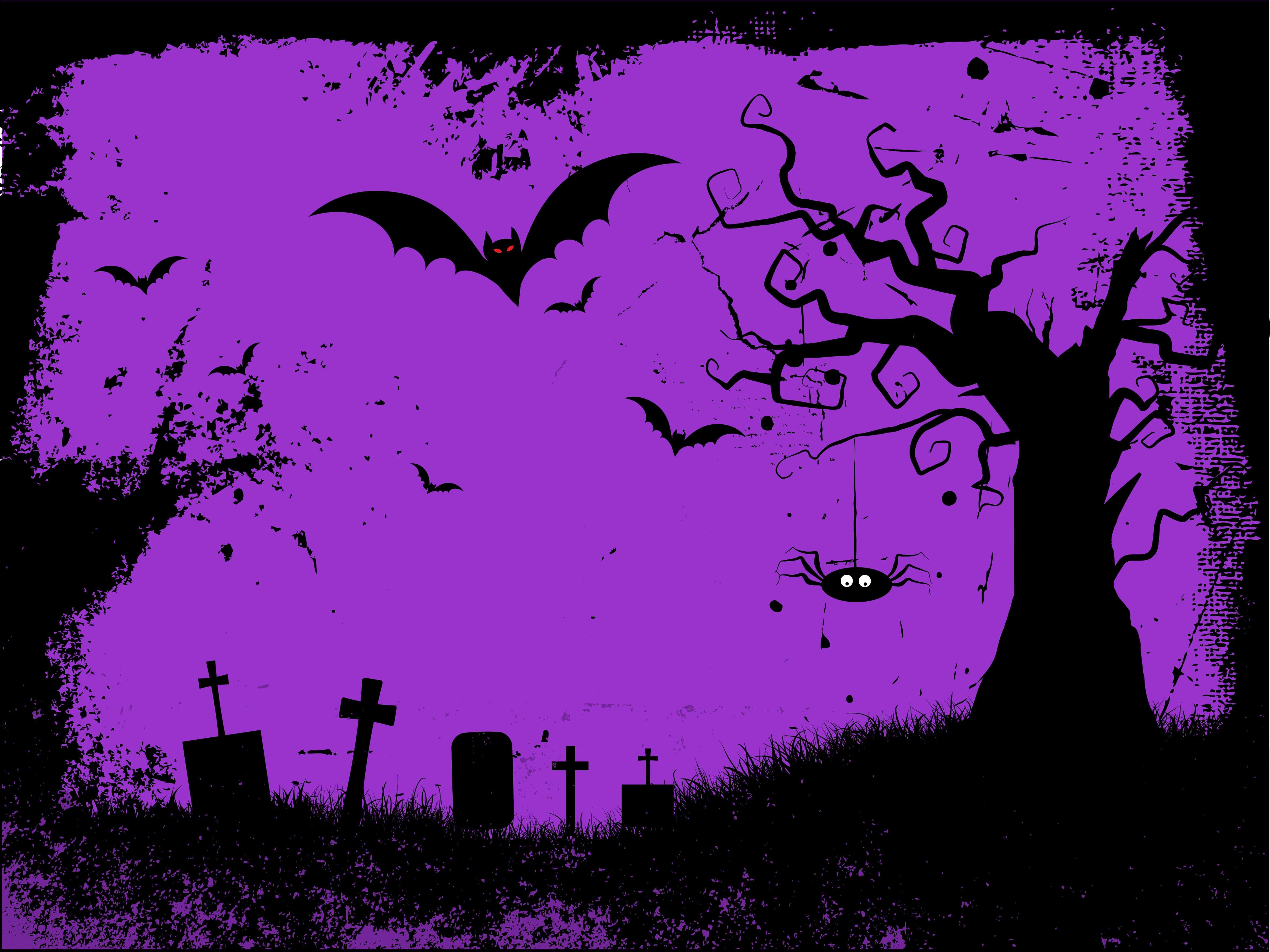 Grunge Halloween, purple backdrop, spooky graveyard, 4K Desktop Wallpaper