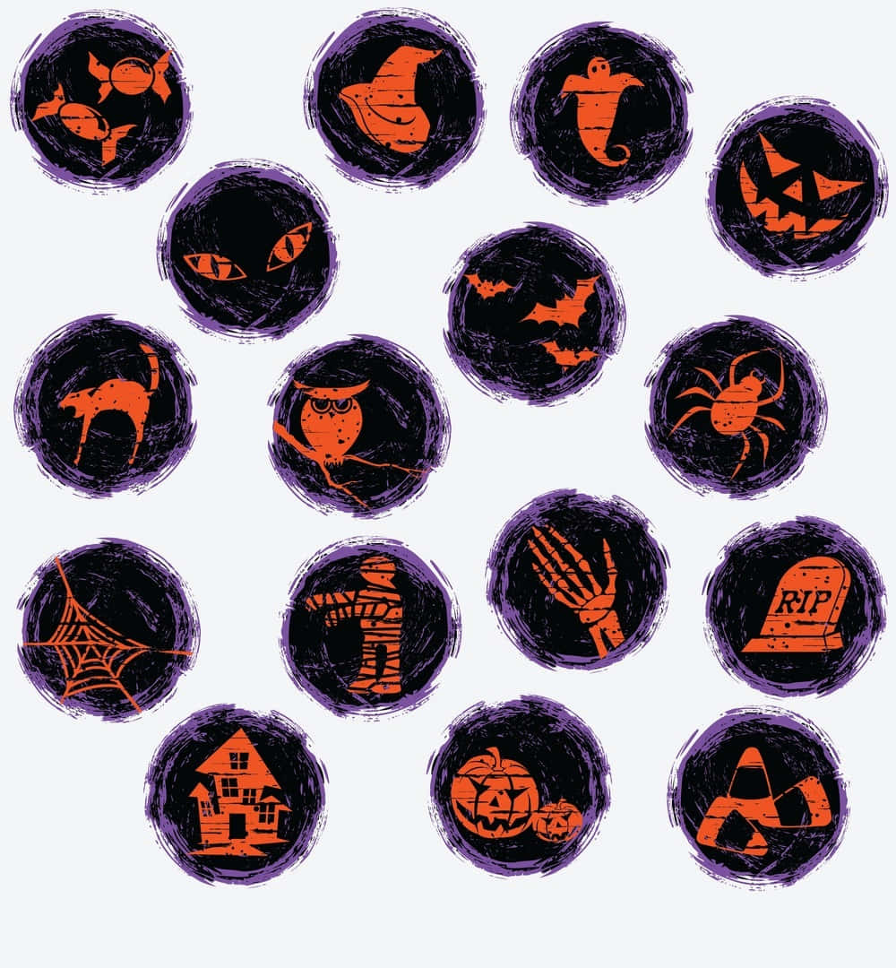Grunge Halloween, Halloween-themed circular icons, orange spooky symbols, SD Phone Wallpaper