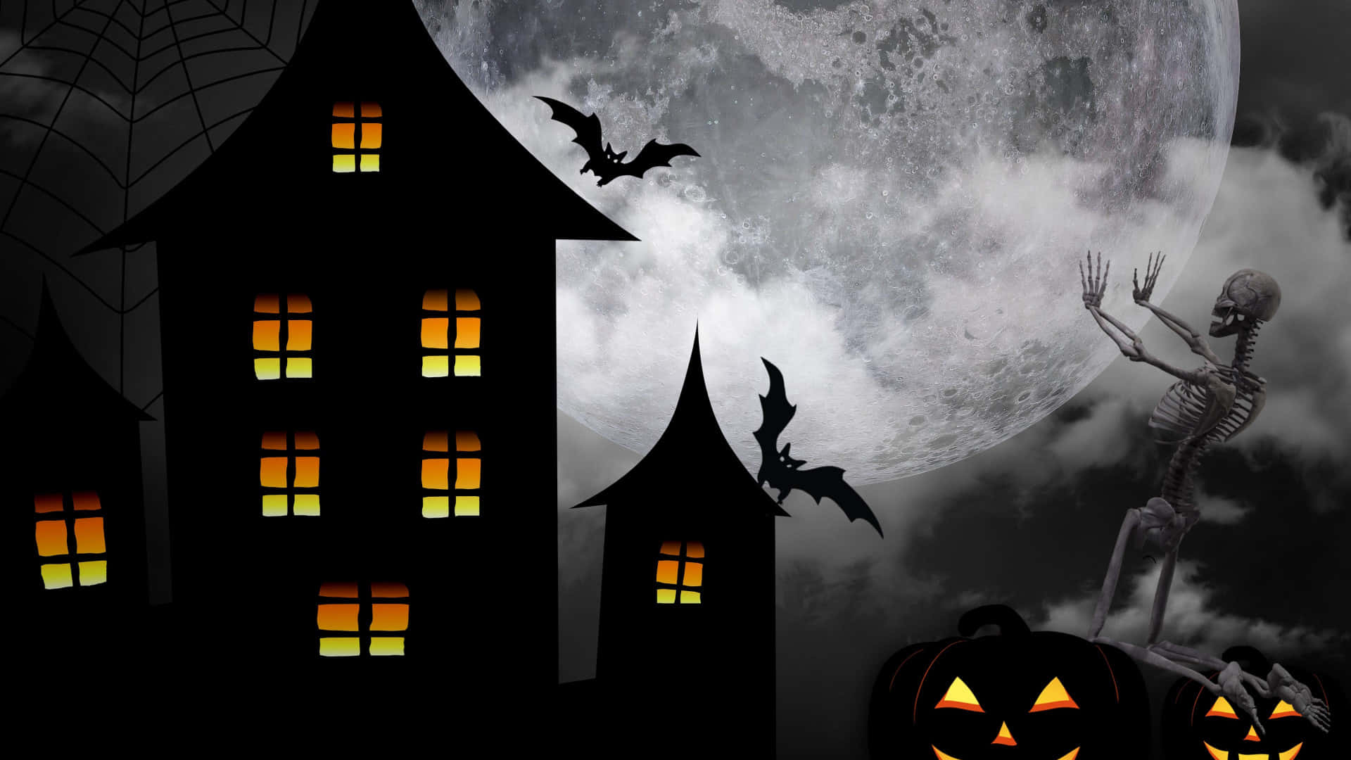 Halloween Night, haunted house, glowing windows, Full HD Desktop Wallpaper