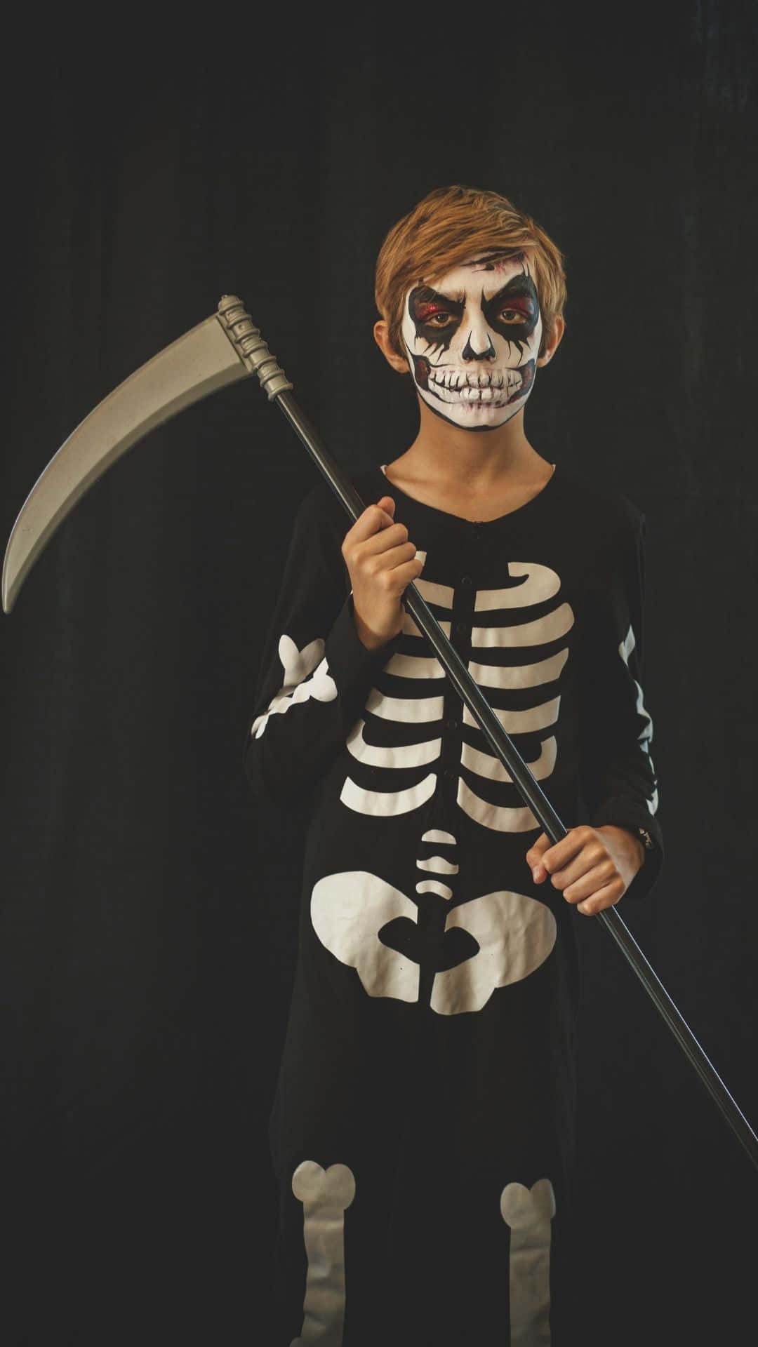 skeleton costume, skull makeup, scythe, Full HD Phone Wallpaper