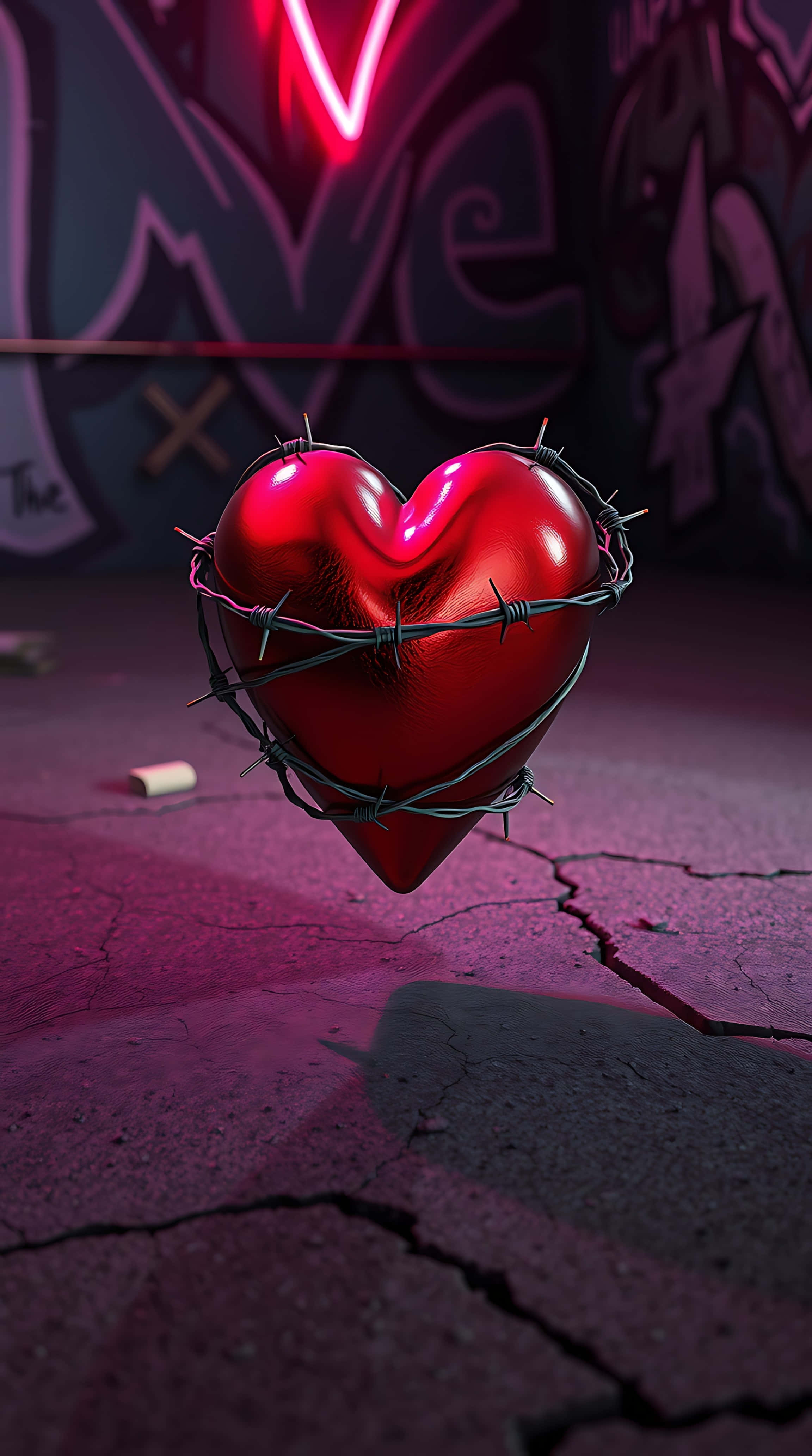 glossy red heart, barbed wire, neon light, 4K Phone Wallpaper
