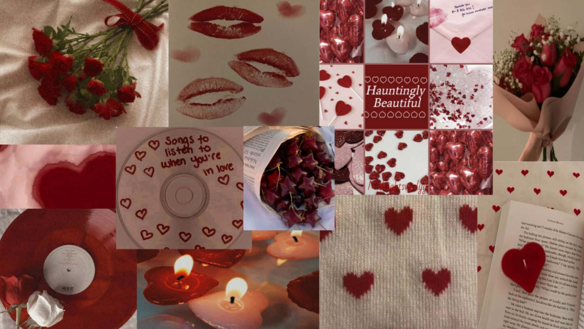 Grunge Lovecore Heart Collage, romantic red-themed items, roses, Full HD Desktop Wallpaper