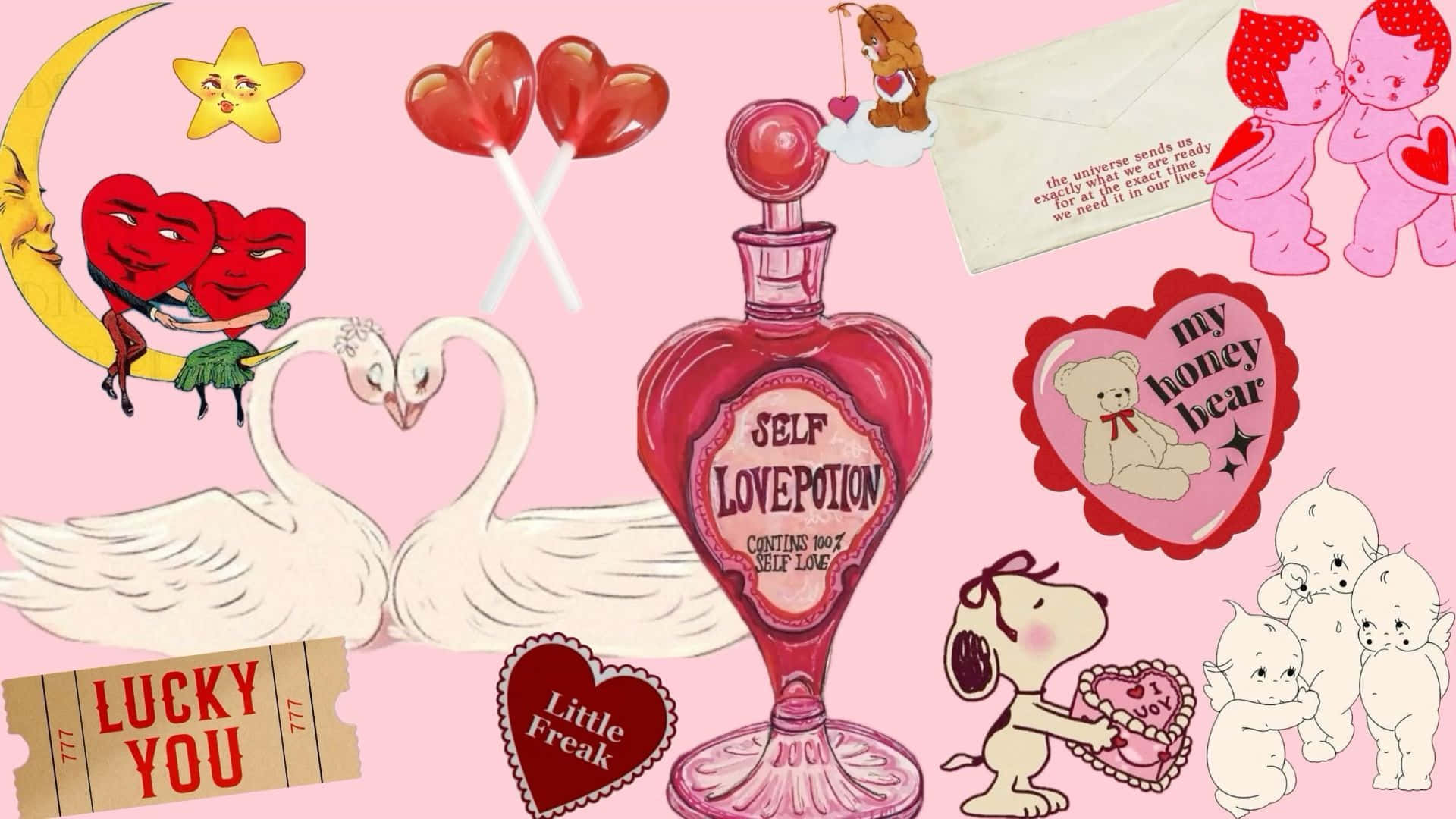 Grunge Lovecore Collage, pink collage, heart-shaped swans, Full HD Desktop Wallpaper
