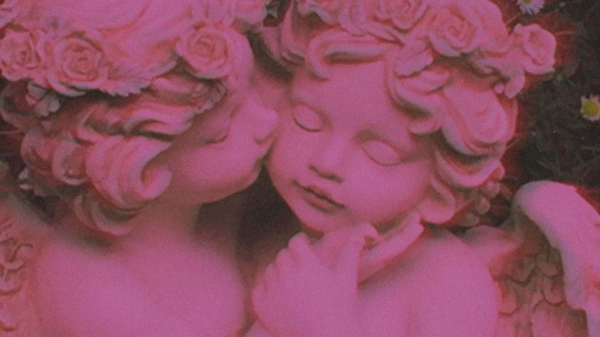 pink-tinted stone statue, two cherubs, kissing the other's cheek, Full HD Desktop Wallpaper