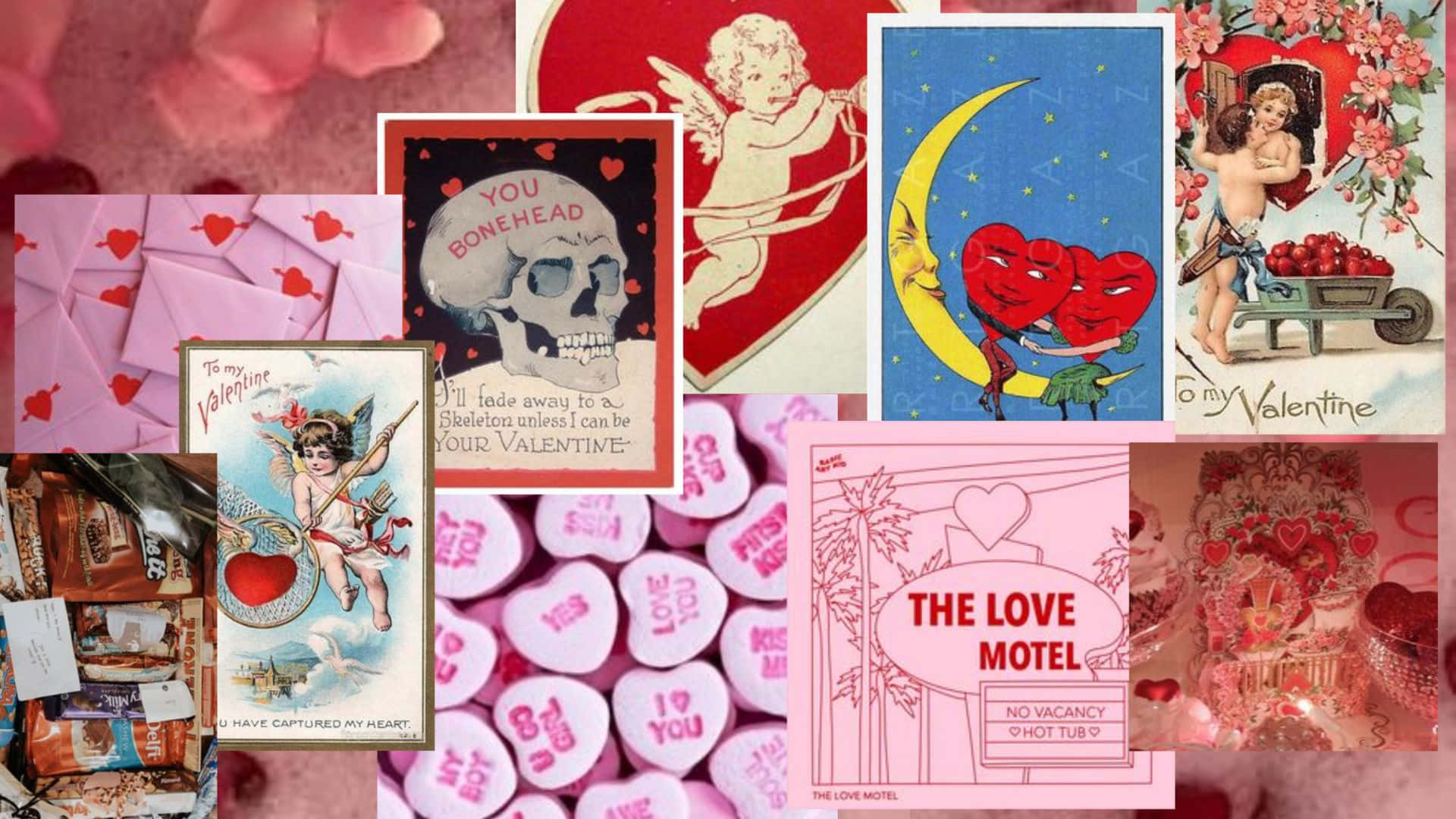Grunge Lovecore Collage, vintage Valentine's Day cards, candy hearts, Full HD Desktop Wallpaper