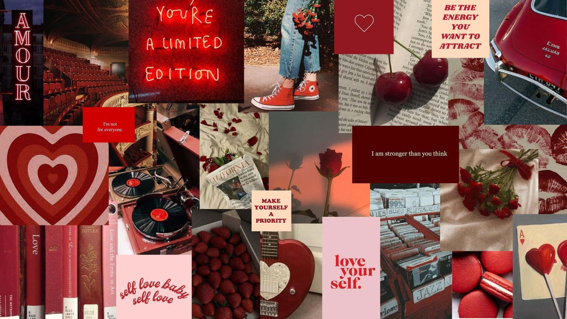Grunge Lovecore, vibrant red, hearts, Full HD Desktop Wallpaper