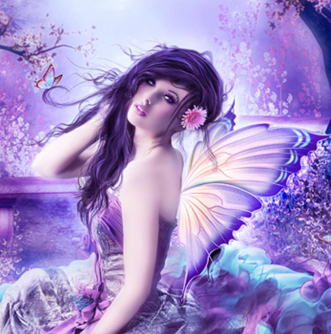 purple-haired fairy, glowing wings, cherry blossoms, SD Phone Wallpaper