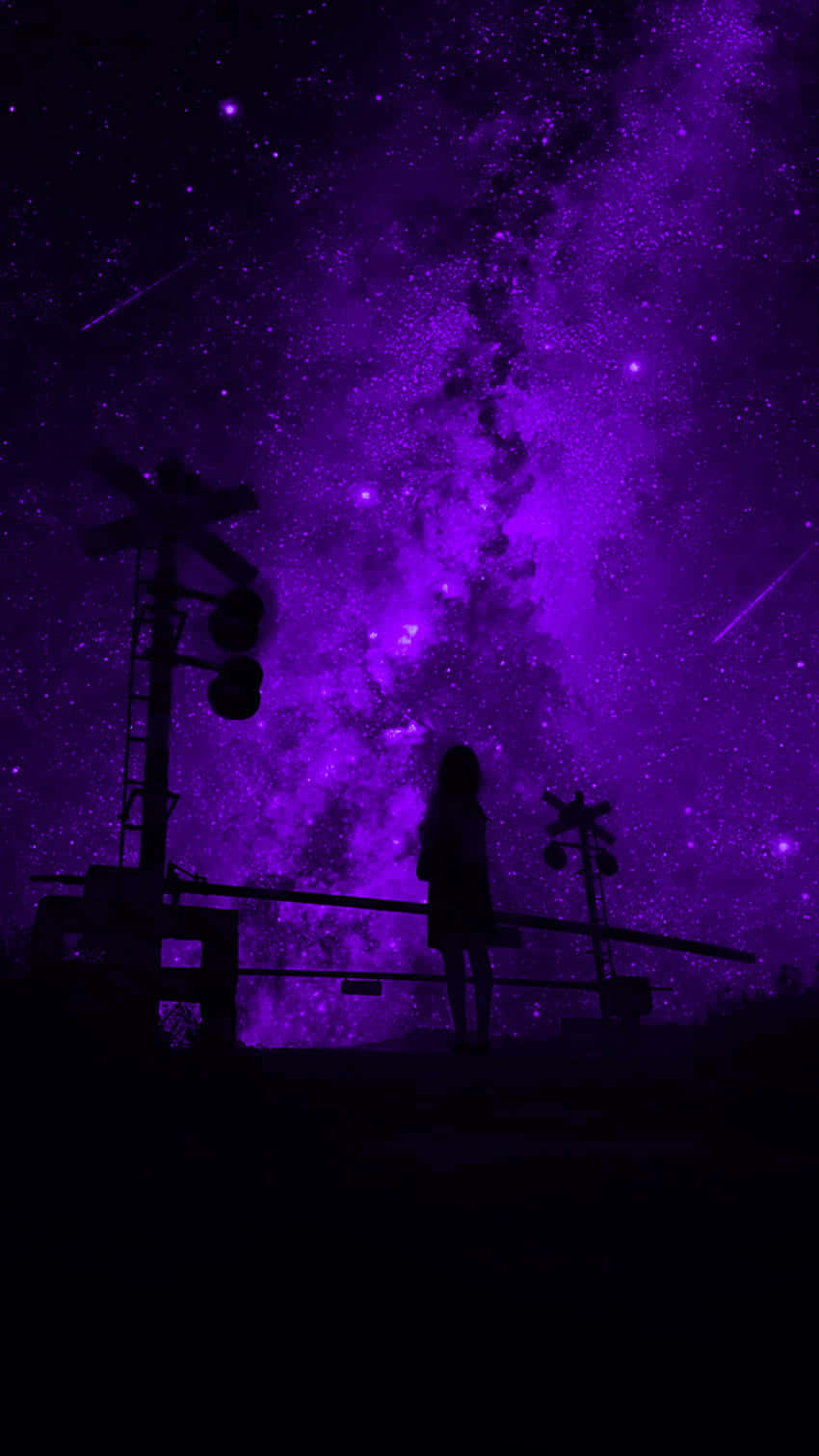 purple nebula, railroad crossing, vibrant purple starry sky, HD Phone Wallpaper