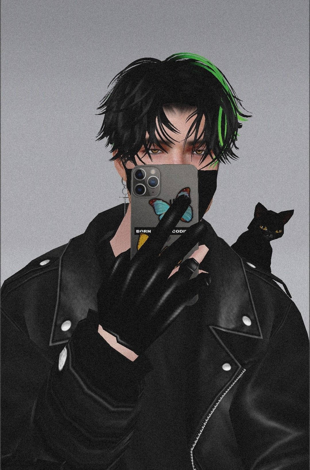 anime character, black and green hair, leather jacket, HD Phone Wallpaper