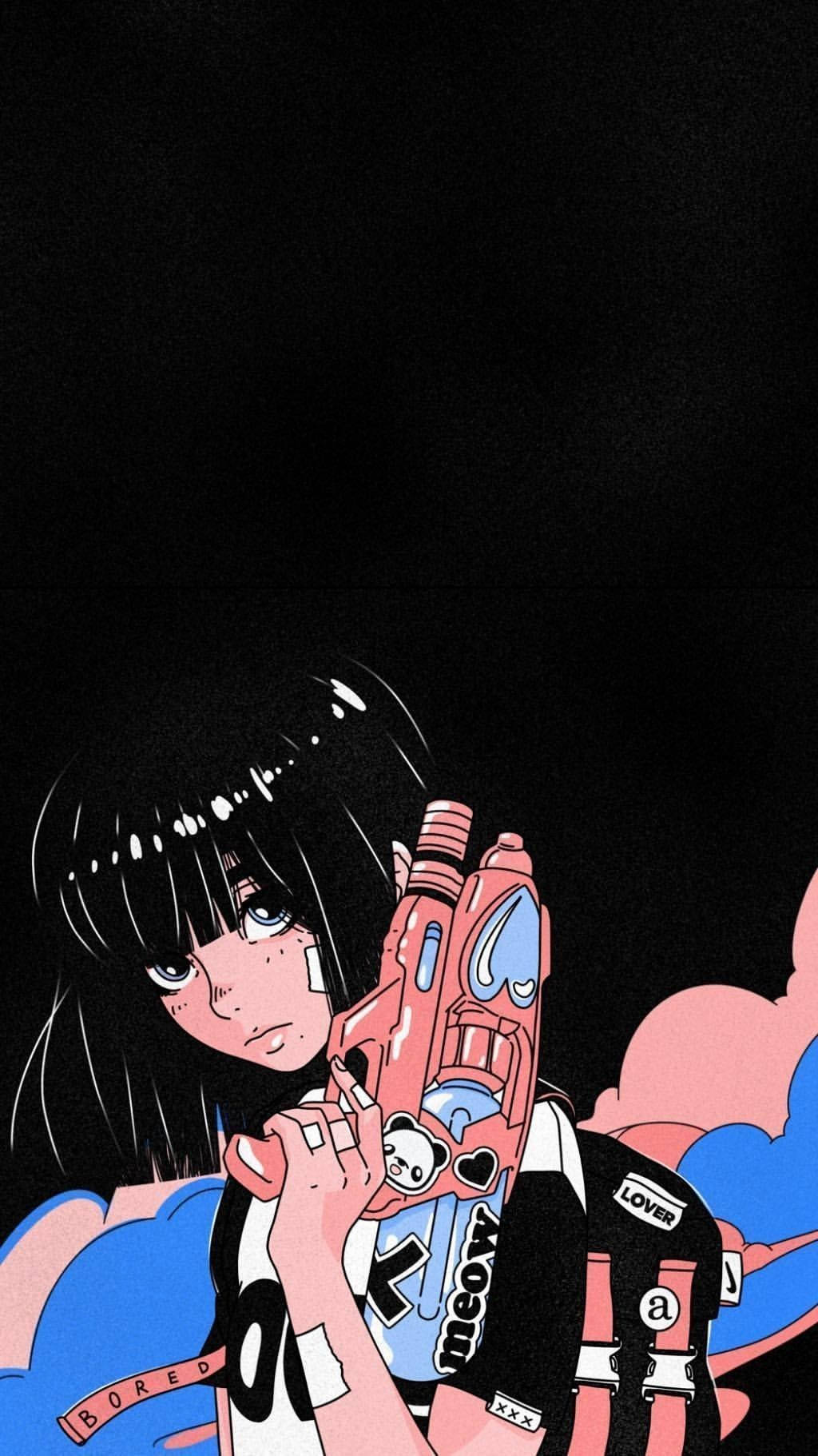 retro anime girl, black hair, pink water gun, HD Phone Wallpaper
