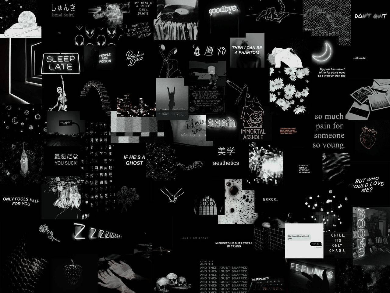 black and white collage, text quotes, anime-style illustrations, HD Desktop Wallpaper
