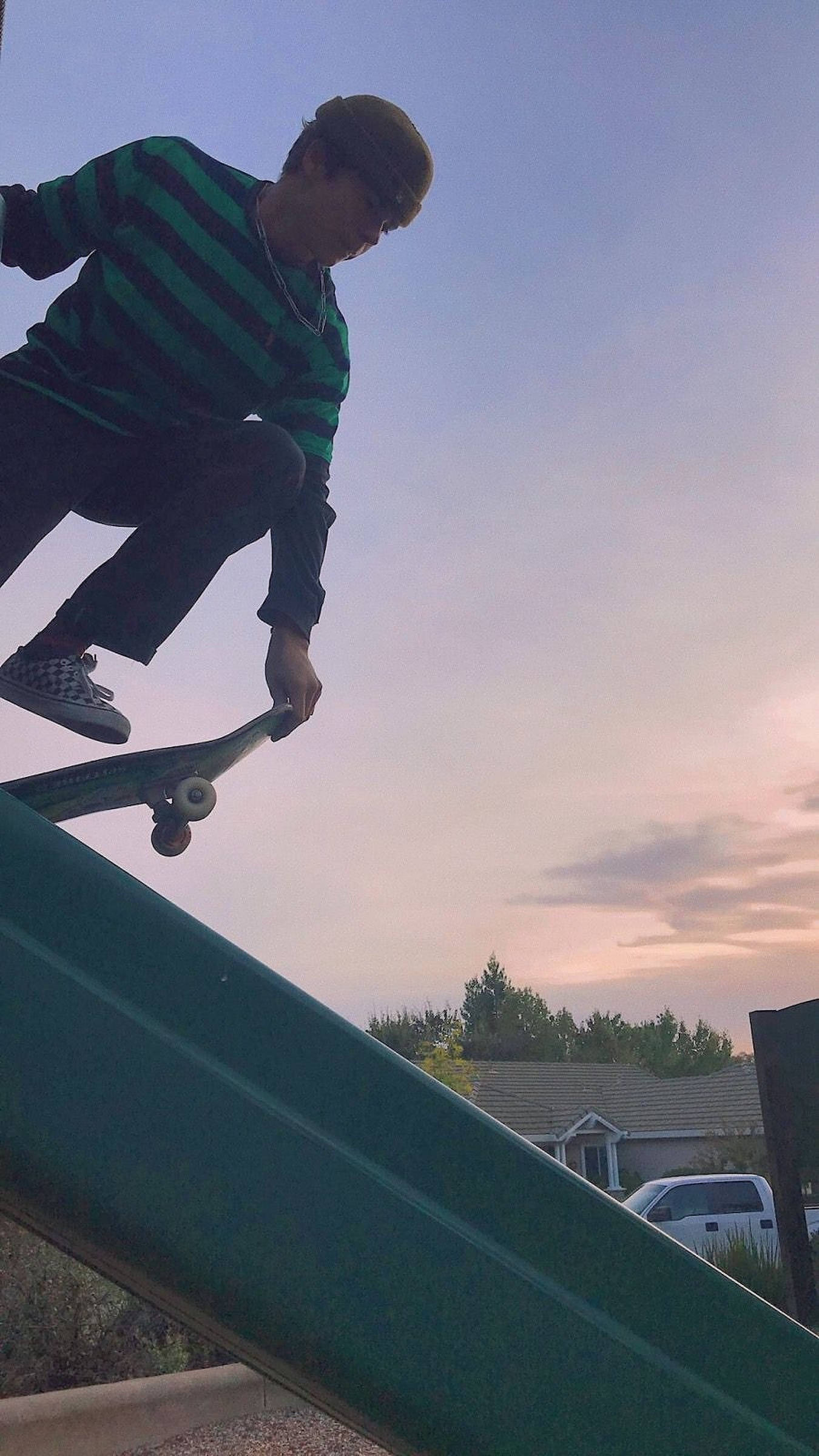 skateboarder, green striped shirt, green rail, Full HD Phone Wallpaper