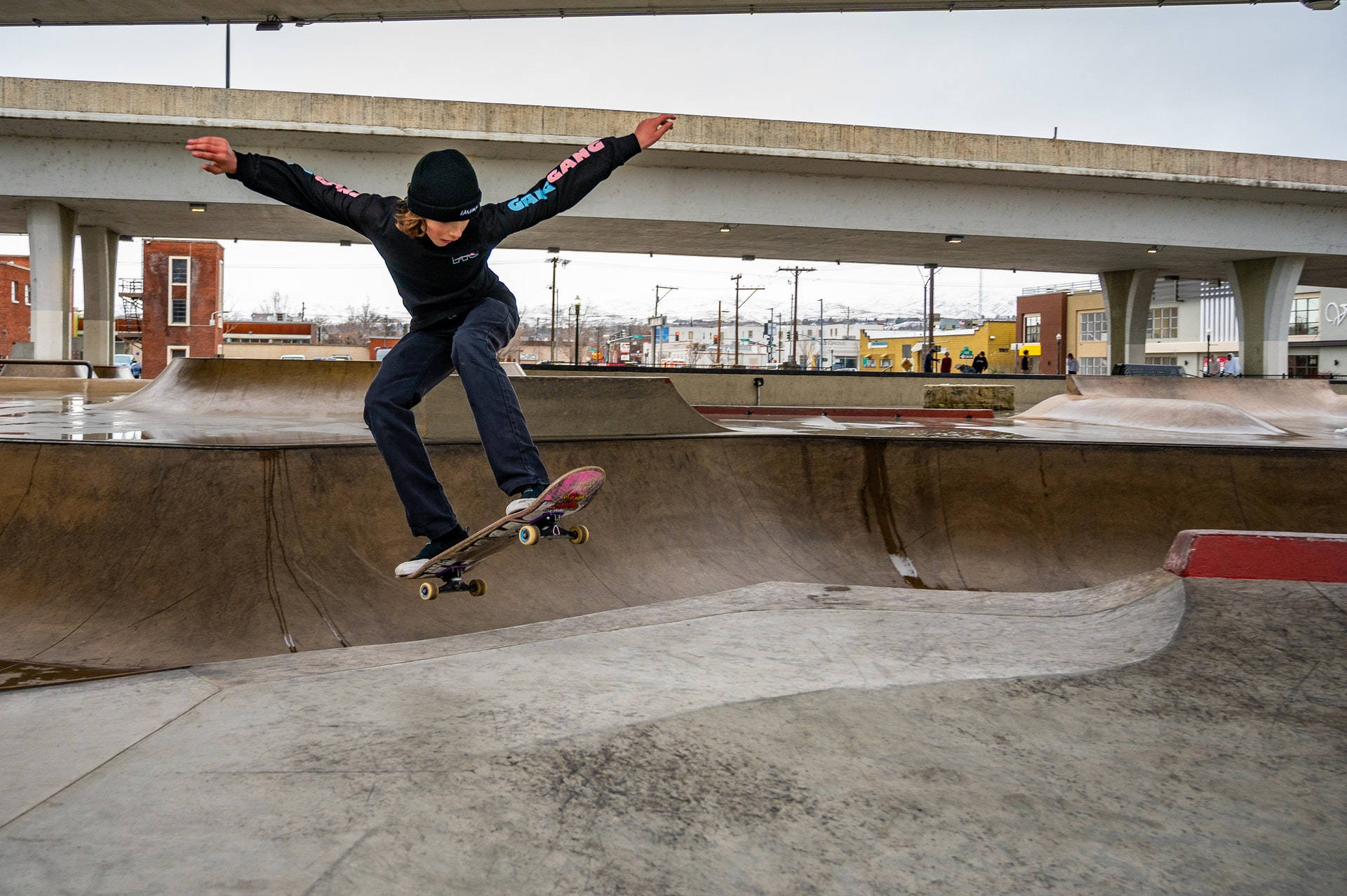 skateboarder, concrete skatepark, overpass, Full HD Desktop Wallpaper