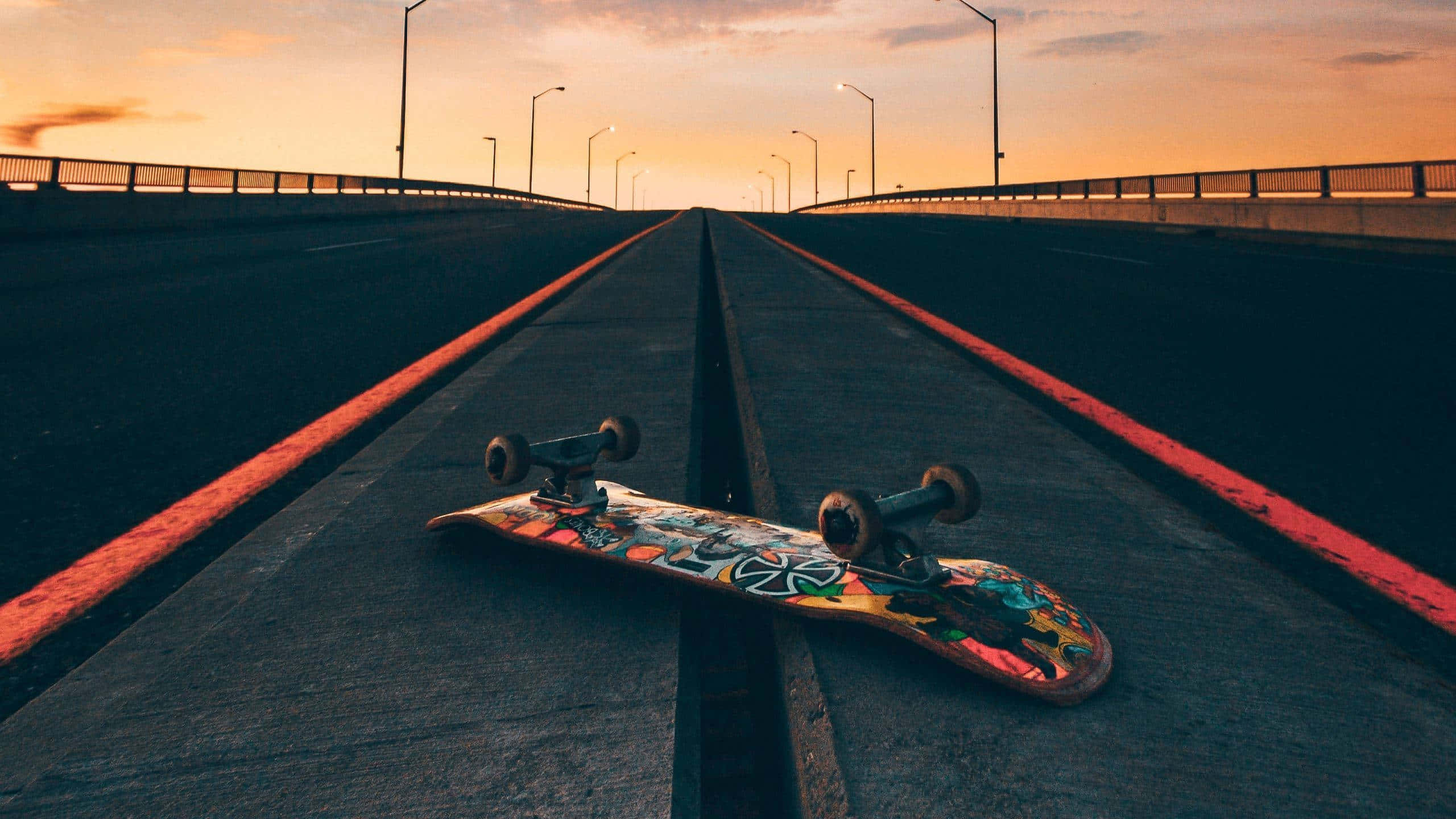 sunset, deserted road, skateboard, 2K Desktop Wallpaper