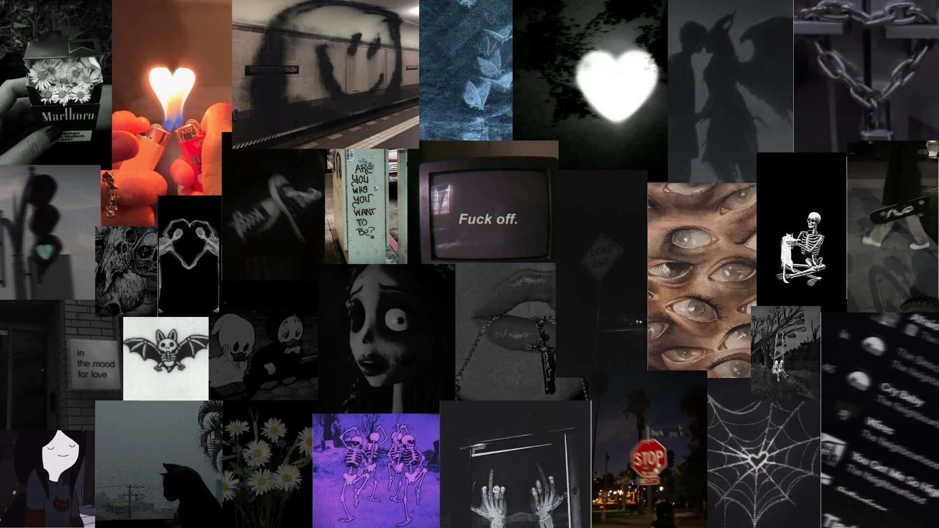Grunge Skater Aesthetic, glowing hearts, graffiti skulls, Full HD Desktop Wallpaper