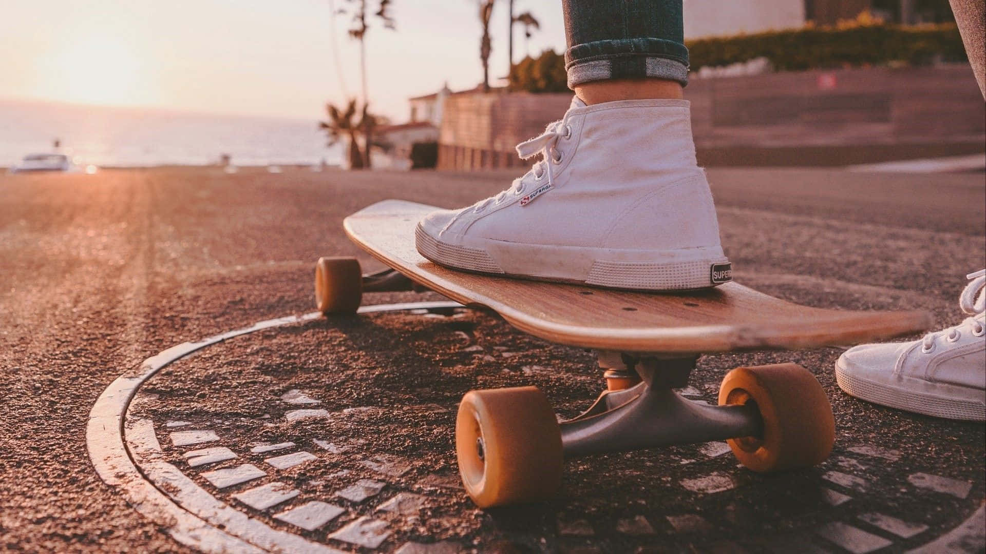 sunset, coastal road, white high tops, Full HD Desktop Wallpaper