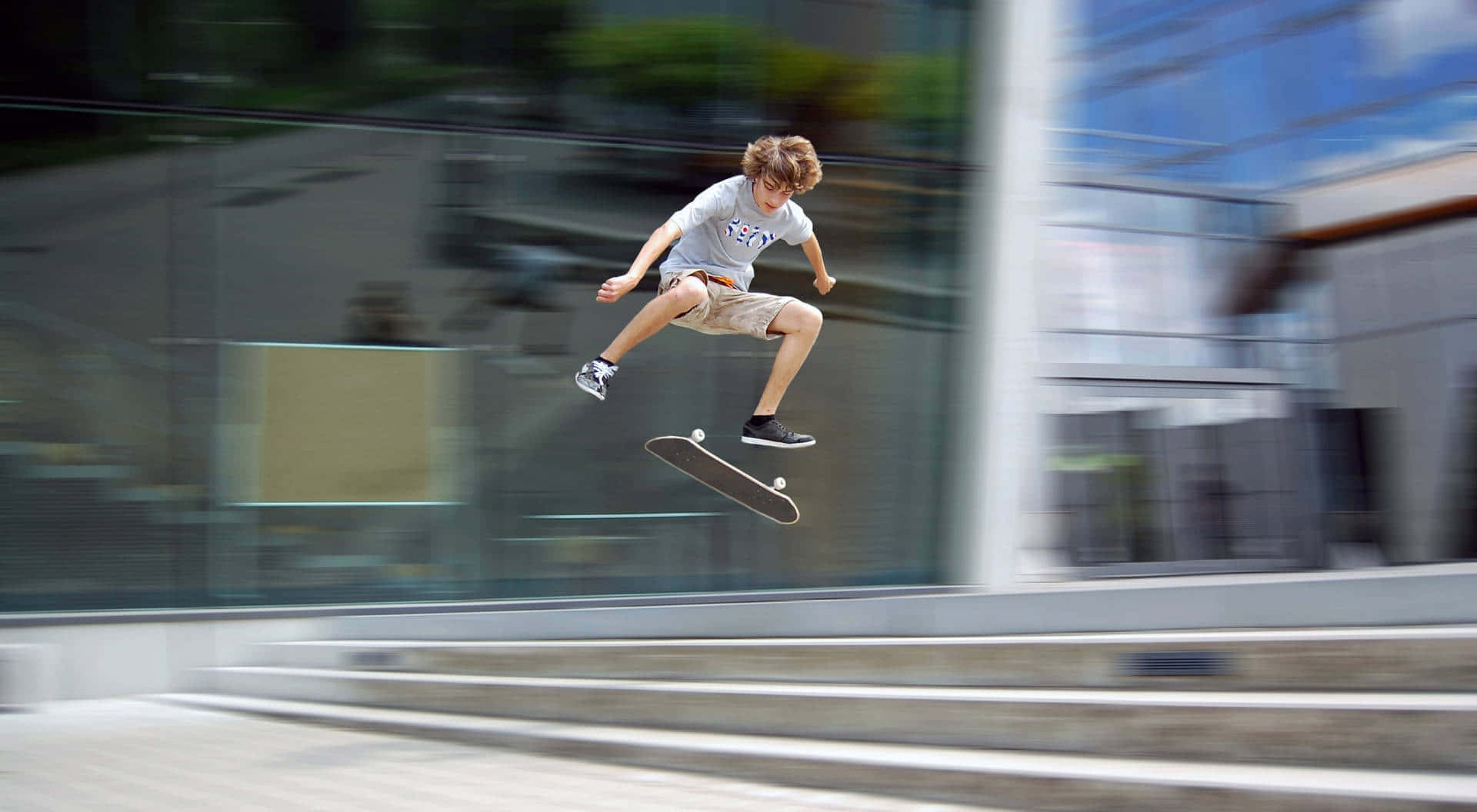 urban skateboarding trick, young skateboarder, mid-air performing a trick, Full HD Desktop Wallpaper