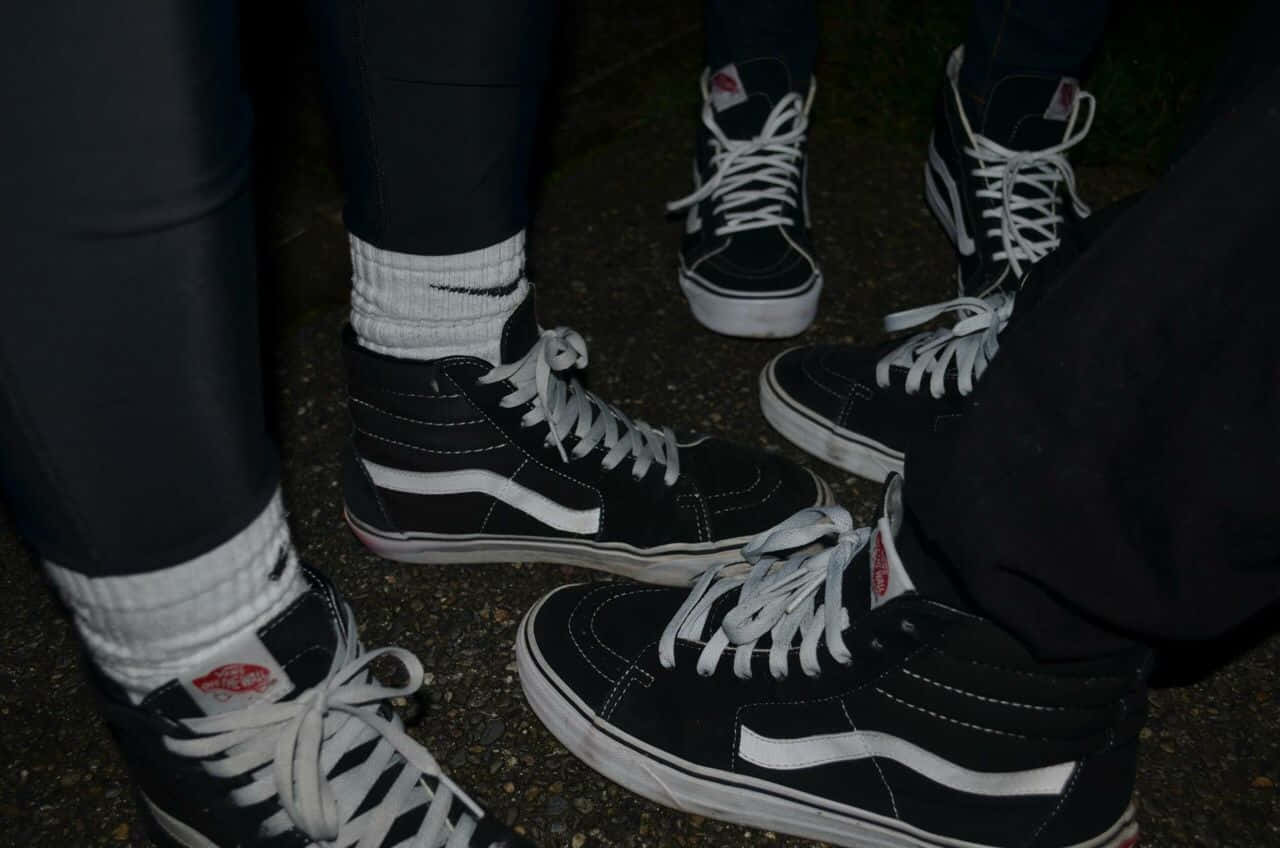 black Vans high-top sneakers, white laces and soles, dark pavement, HD Desktop Wallpaper