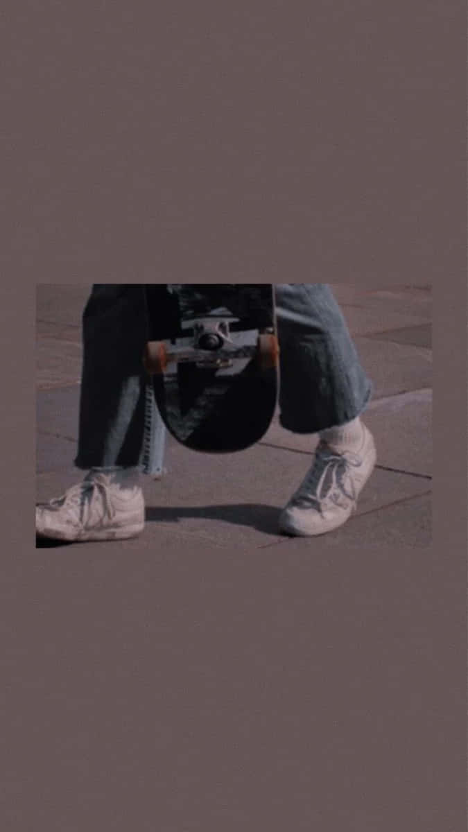 Grunge Skater Aesthetic, black skateboard, white sneakers, SD Phone Wallpaper
