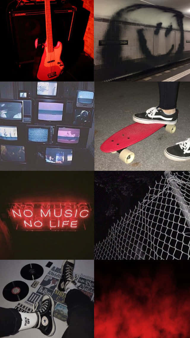 Grunge Skater Aesthetic, red bass guitar, graffiti smiley, SD Phone Wallpaper