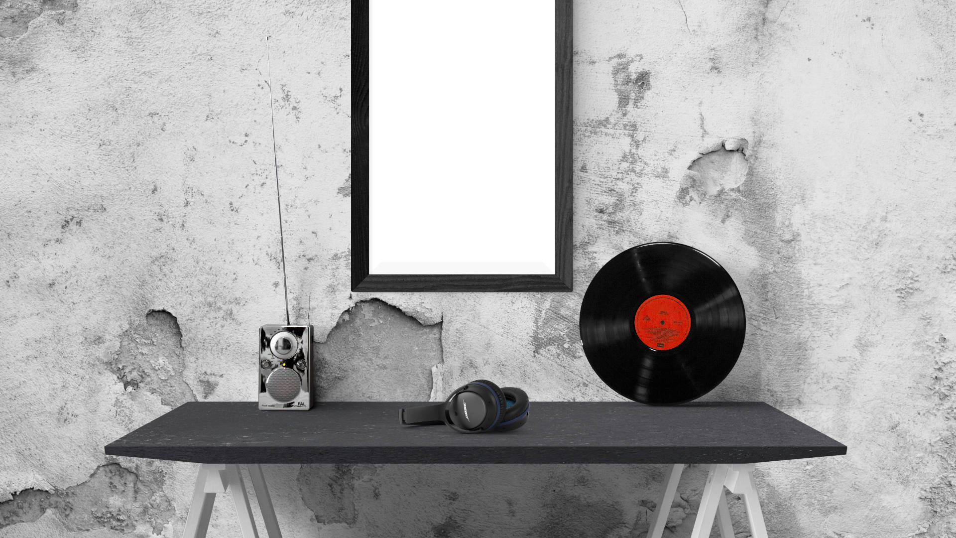 black table, vintage headphones, vinyl record, Full HD Desktop Wallpaper