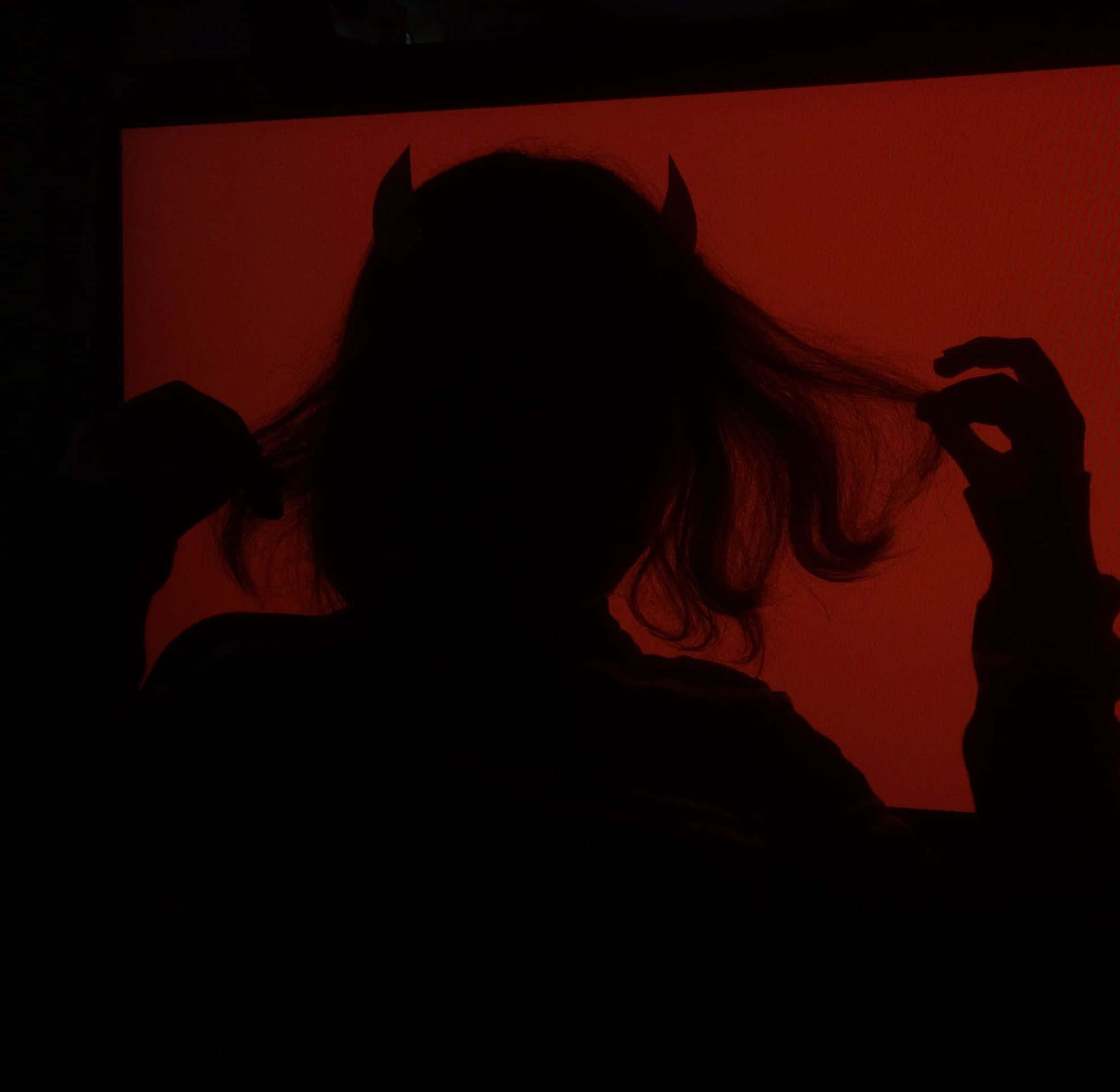 Silhouette, devil horns, glowing red screen, Full HD Desktop Wallpaper