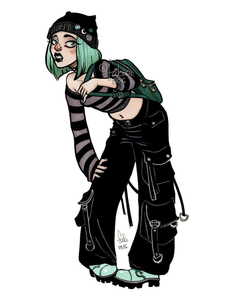 Grunge Cartoon, green hair, black beanie, SD Phone Wallpaper