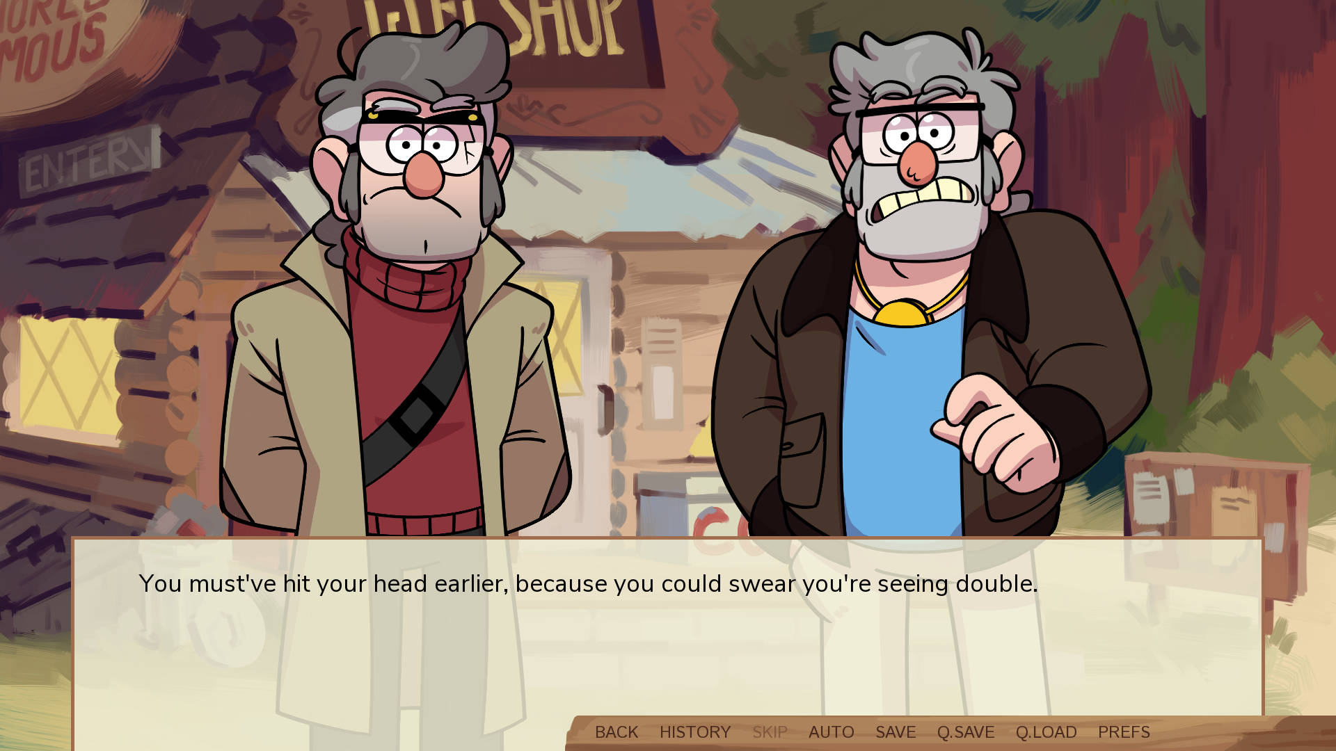 Grunkle Stan, rustic log cabin shop, cartoonish, Full HD Desktop Wallpaper