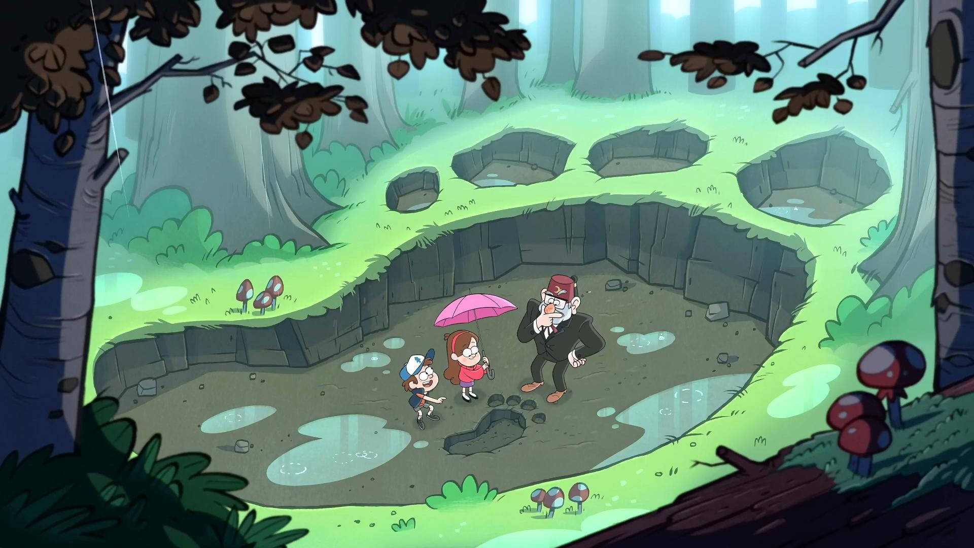 Grunkle Stan, giant paw print crater, mossy forest clearing, Full HD Desktop Wallpaper