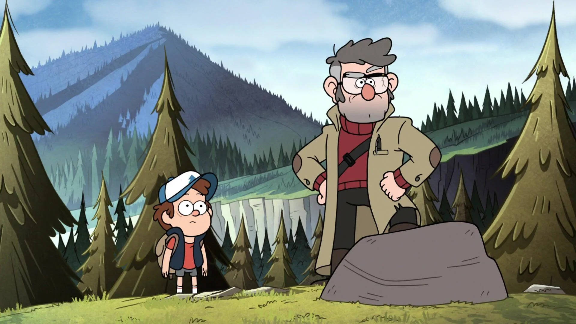 Grunkle Stan, kid, forest clearing, Full HD Desktop Wallpaper