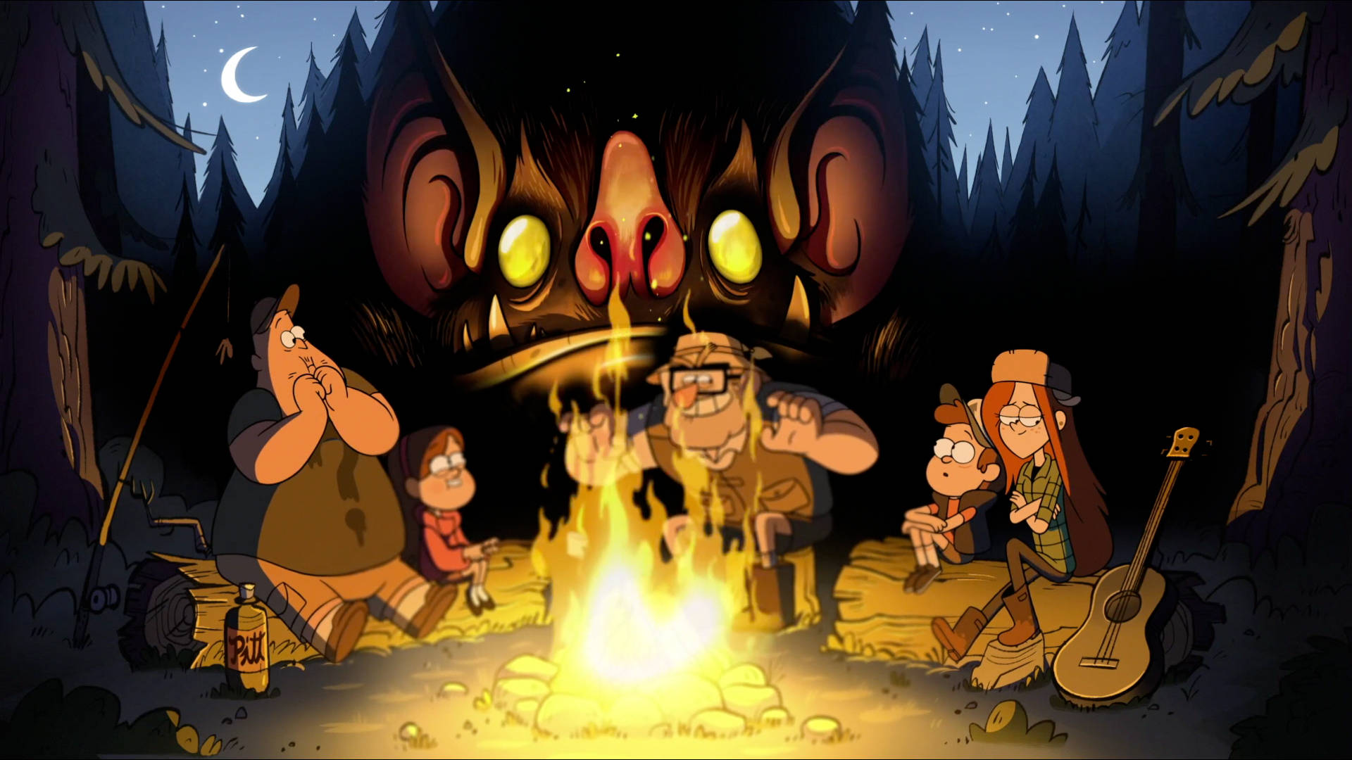 Grunkle Stan, bonfire, forest, Full HD Desktop Wallpaper