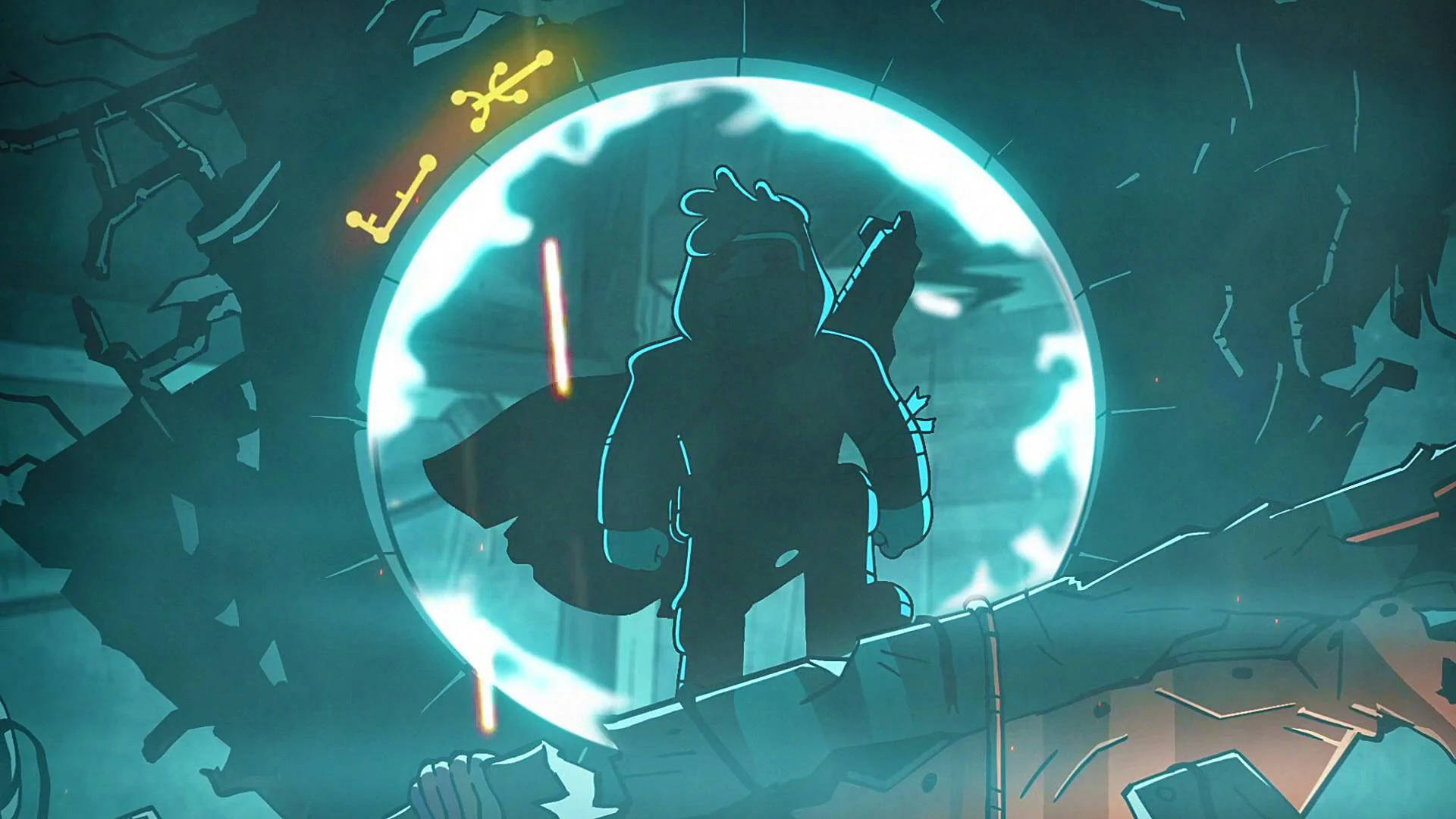 Grunkle Stan, LEGO-style, glowing circular portal, Full HD Desktop Wallpaper