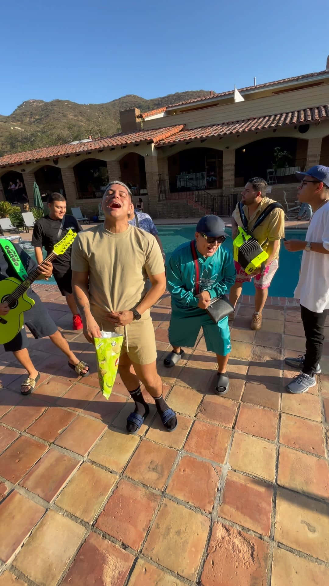 Grupo Firme, cumbias, sunlit poolside patio, Full HD Phone Wallpaper