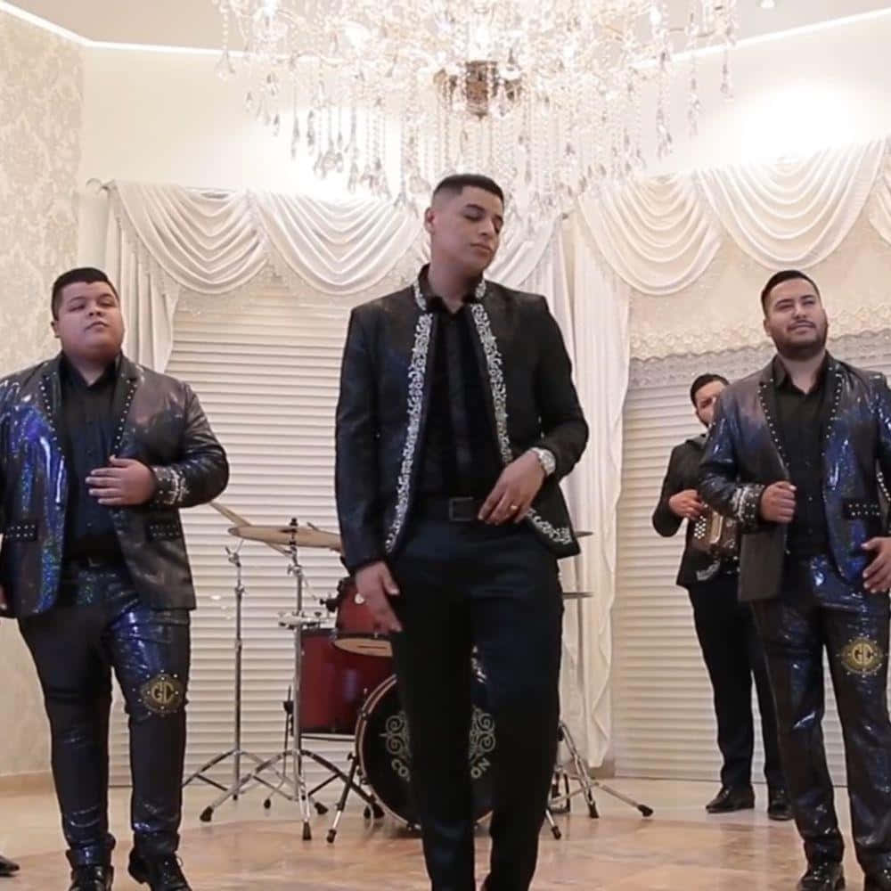Grupo Firme, shiny black sequined suits, grand crystal chandelier, SD Desktop Wallpaper