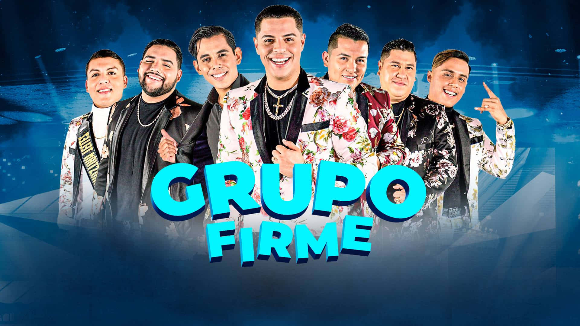 Grupo Firme, floral jackets, glowing blue stage backdrop, Full HD Desktop Wallpaper