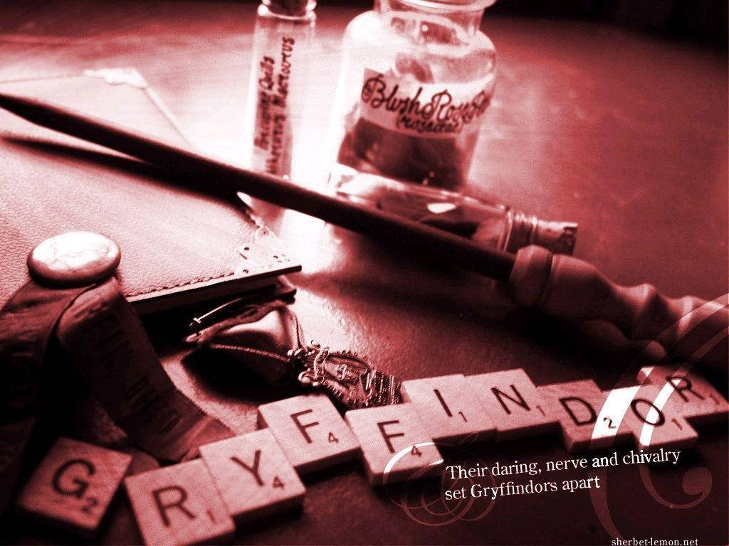 Gryffindor, wand, potion bottles, SD Desktop Wallpaper