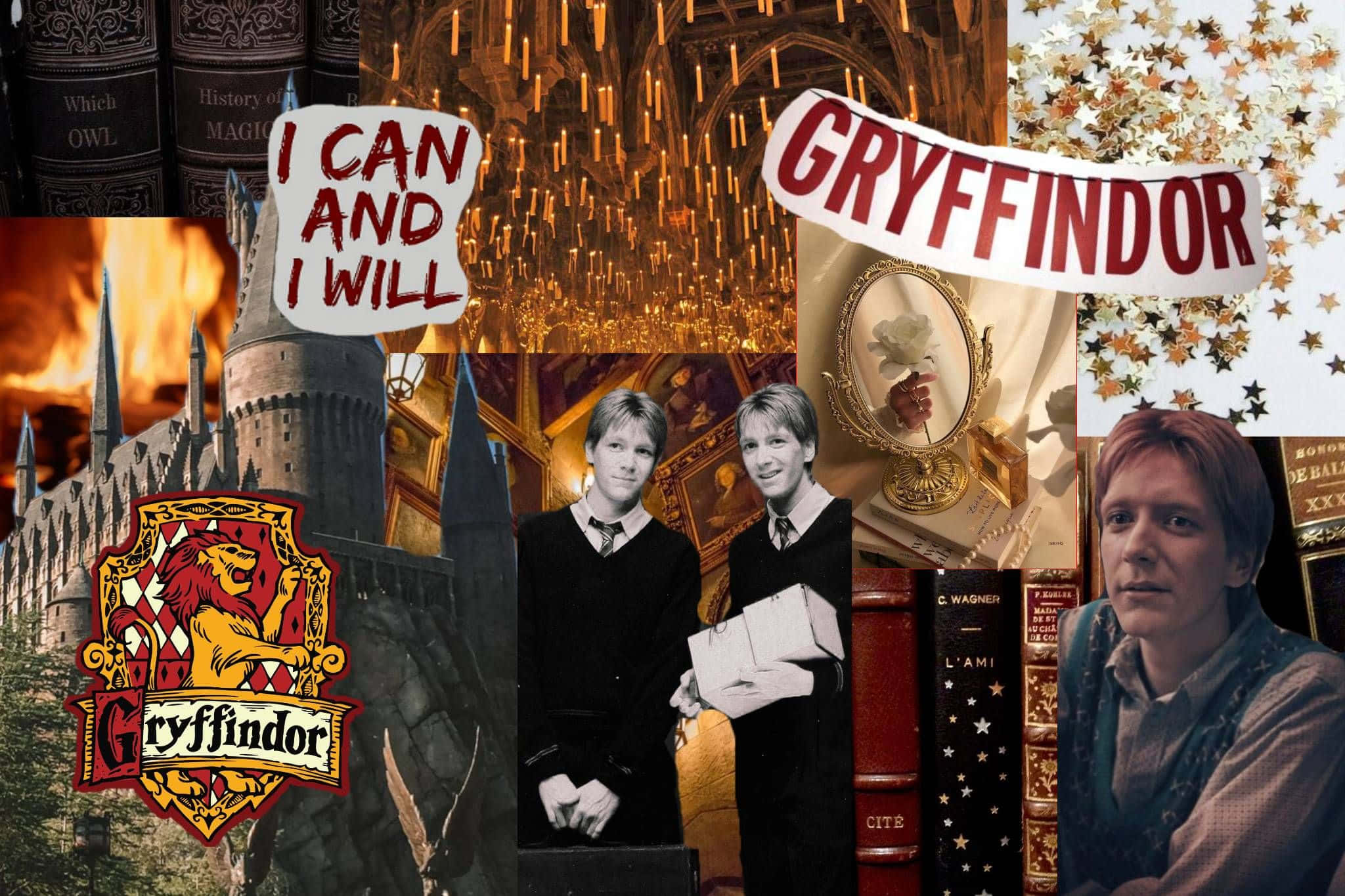 Gryffindor, castle towers, fiery banners, Full HD Desktop Wallpaper