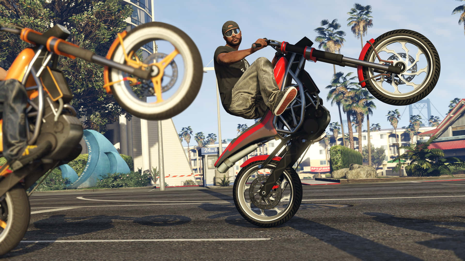 GTA 5, red motorcycle, sunny urban street, Full HD Desktop Wallpaper