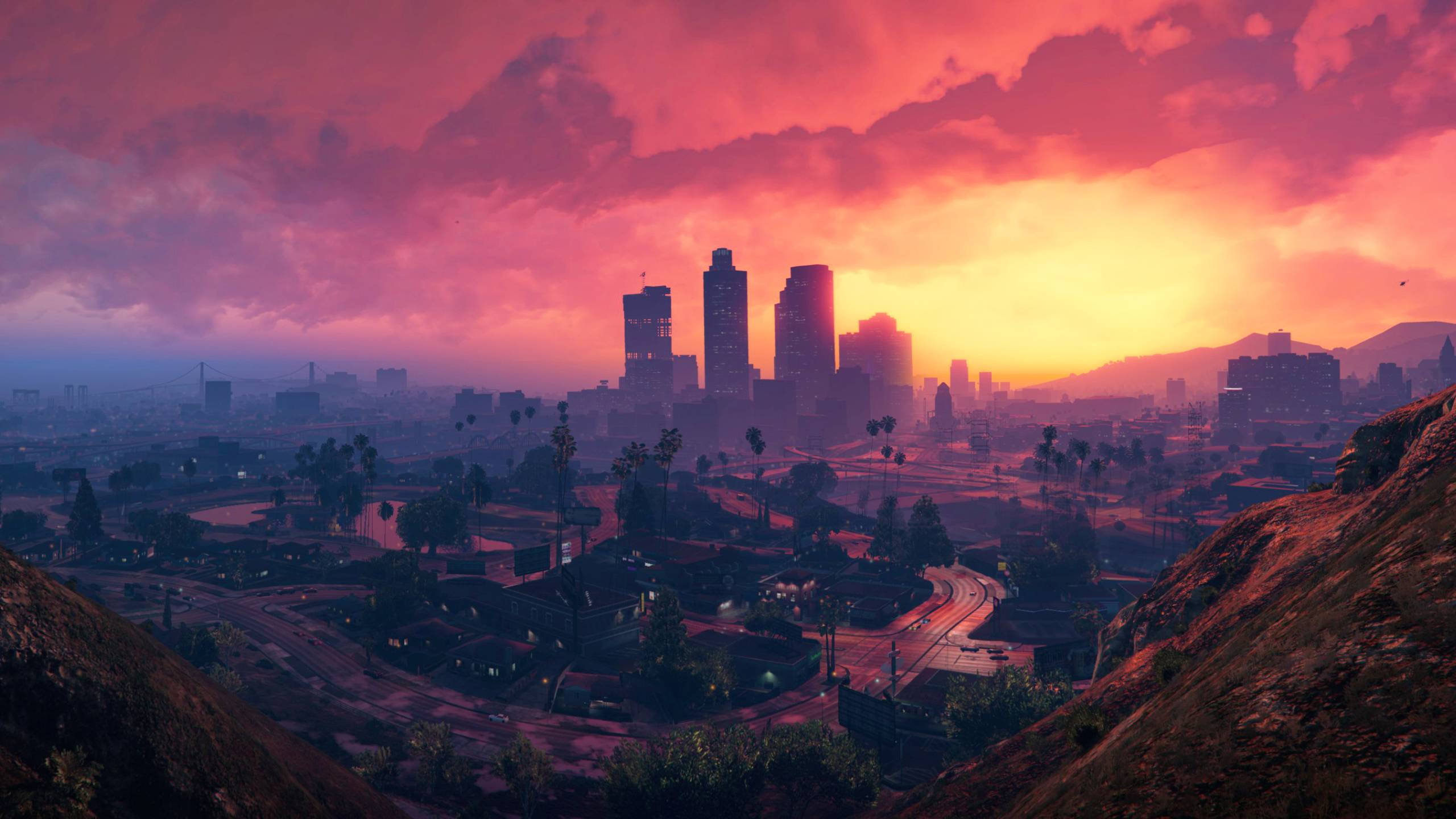 GTA 5, 2560x1440, pink skies, 2K Desktop Wallpaper