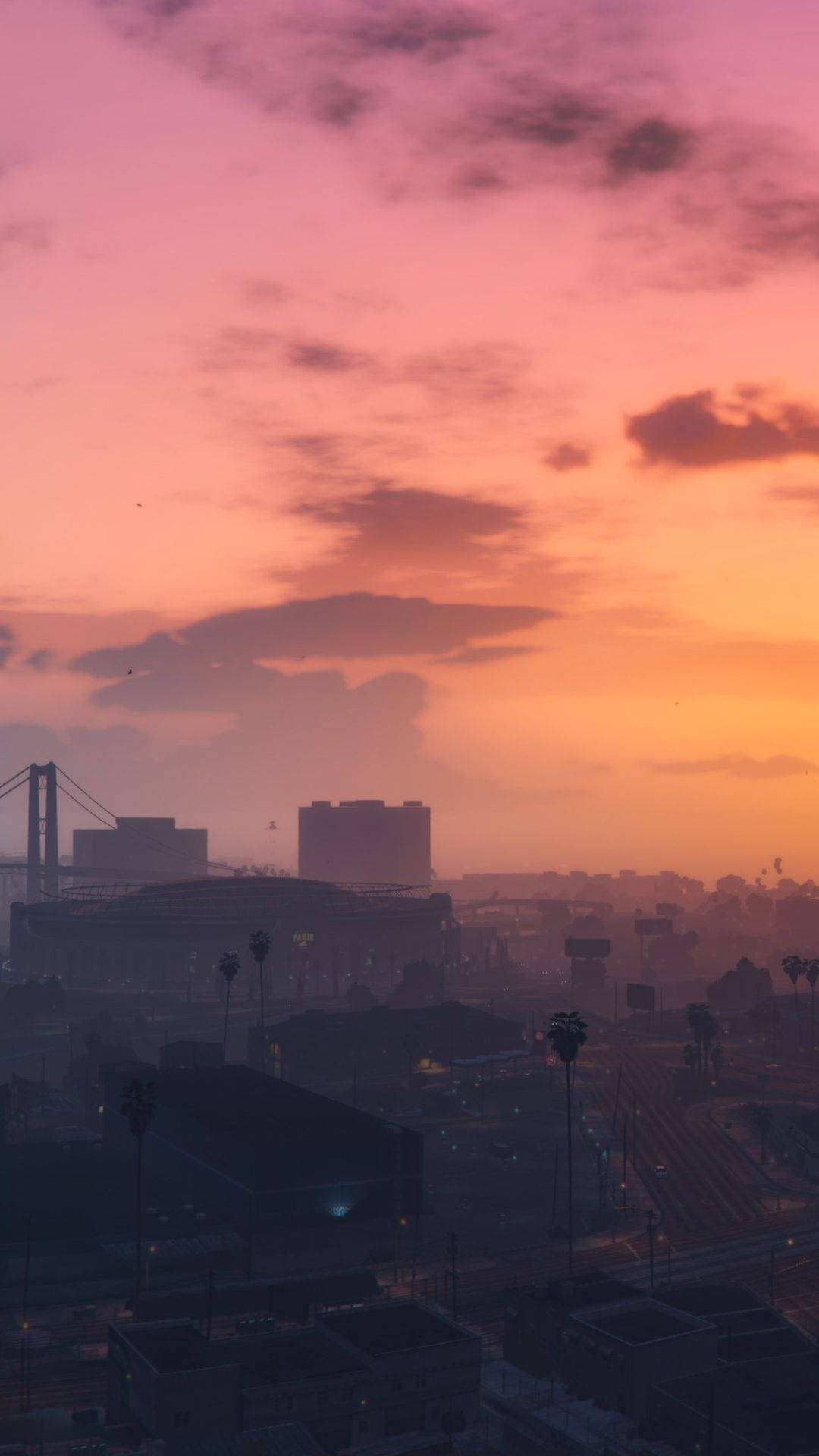 Gta 5 Phone, foggy orange sky, city, Full HD Phone Wallpaper